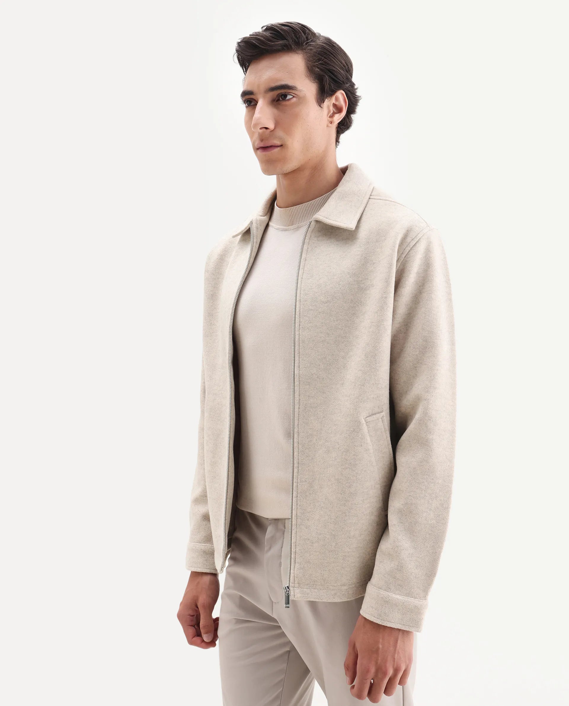 Rare Rabbit Men's Tweeder-25 Beige Polyester Blend Fabric Collared Neck Regular Fit Plain Jacket