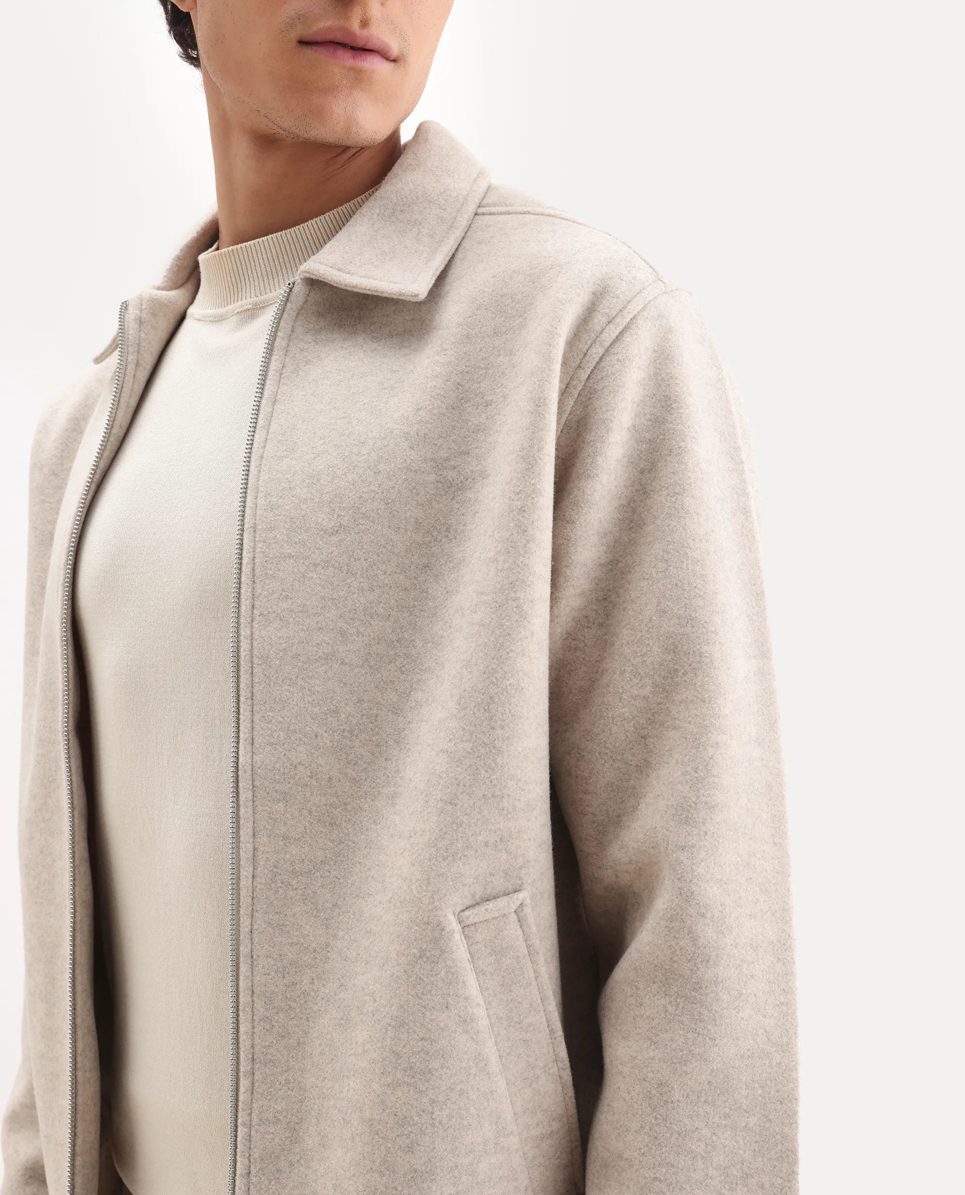 Rare Rabbit Men's Tweeder-25 Beige Polyester Blend Fabric Collared Neck Regular Fit Plain Jacket