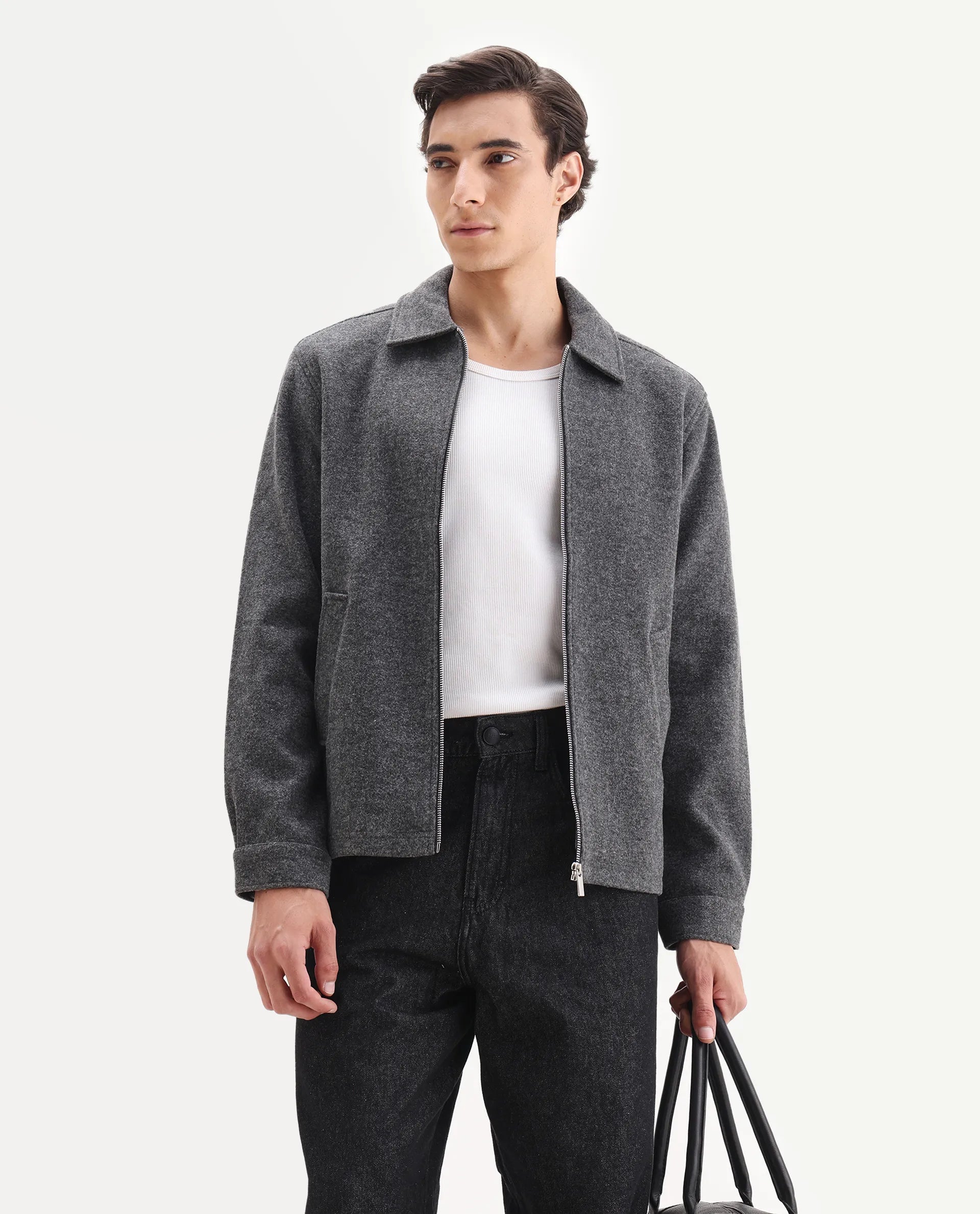 Rare Rabbit Men's Tweeder-25 Grey Polyester Blend Fabric Collared Neck Regular Fit Plain Jacket