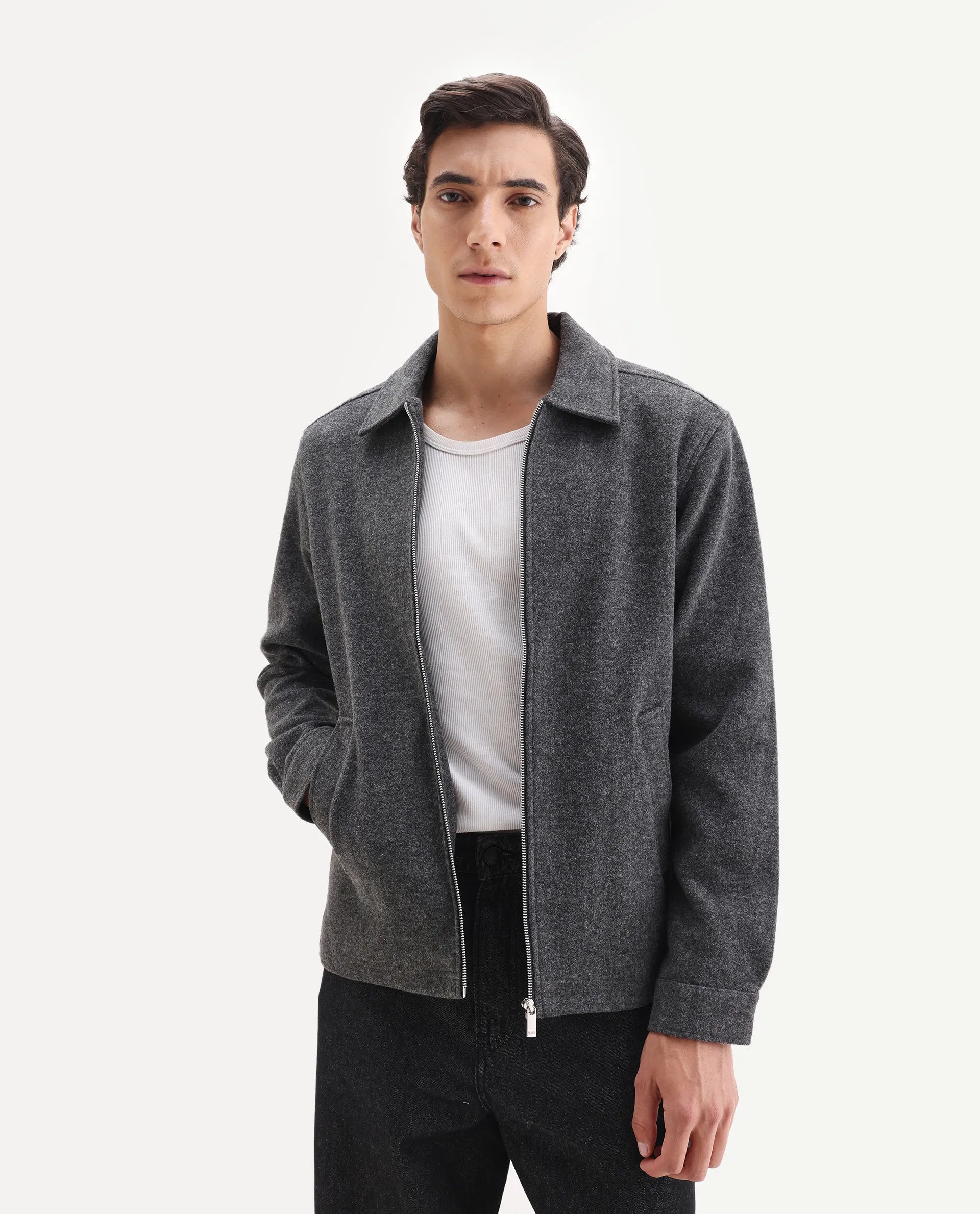 Rare Rabbit Men's Tweeder-25 Grey Polyester Blend Fabric Collared Neck Regular Fit Plain Jacket