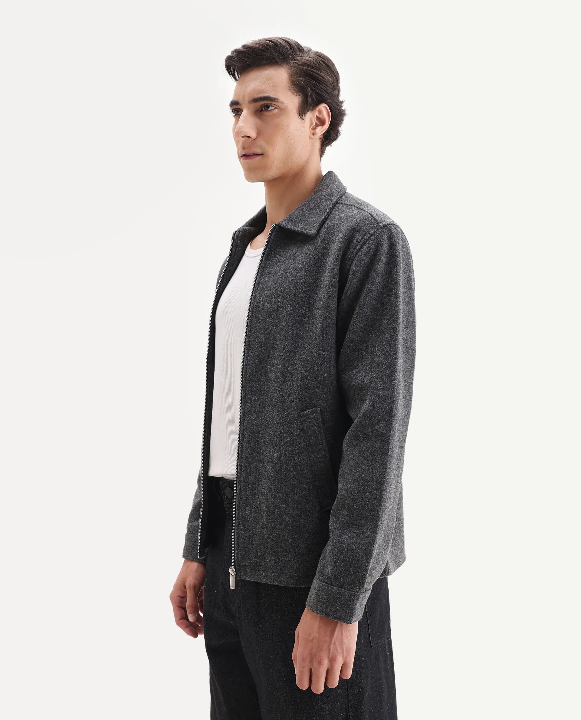 Rare Rabbit Men's Tweeder-25 Grey Polyester Blend Fabric Collared Neck Regular Fit Plain Jacket