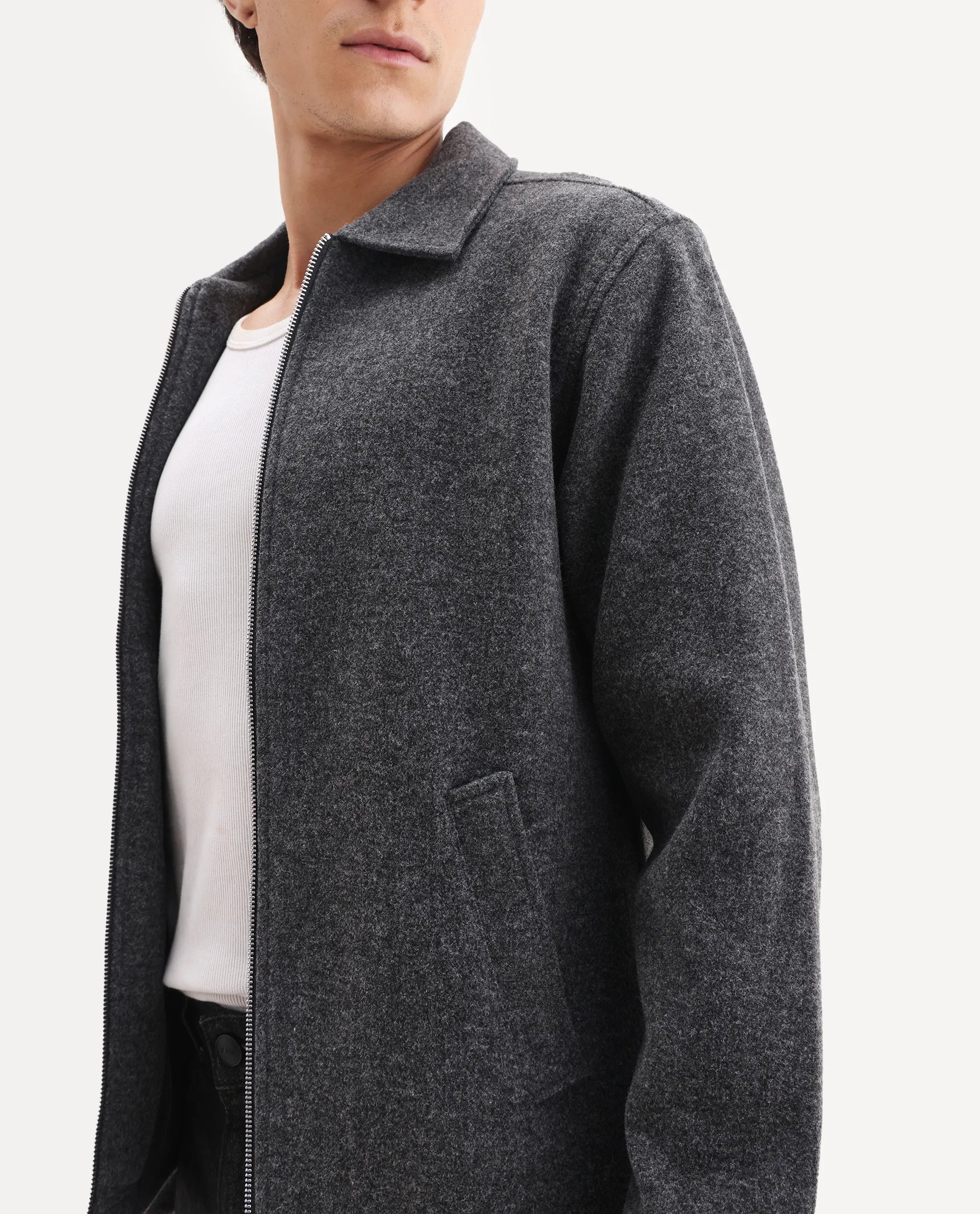 Rare Rabbit Men's Tweeder-25 Grey Polyester Blend Fabric Collared Neck Regular Fit Plain Jacket