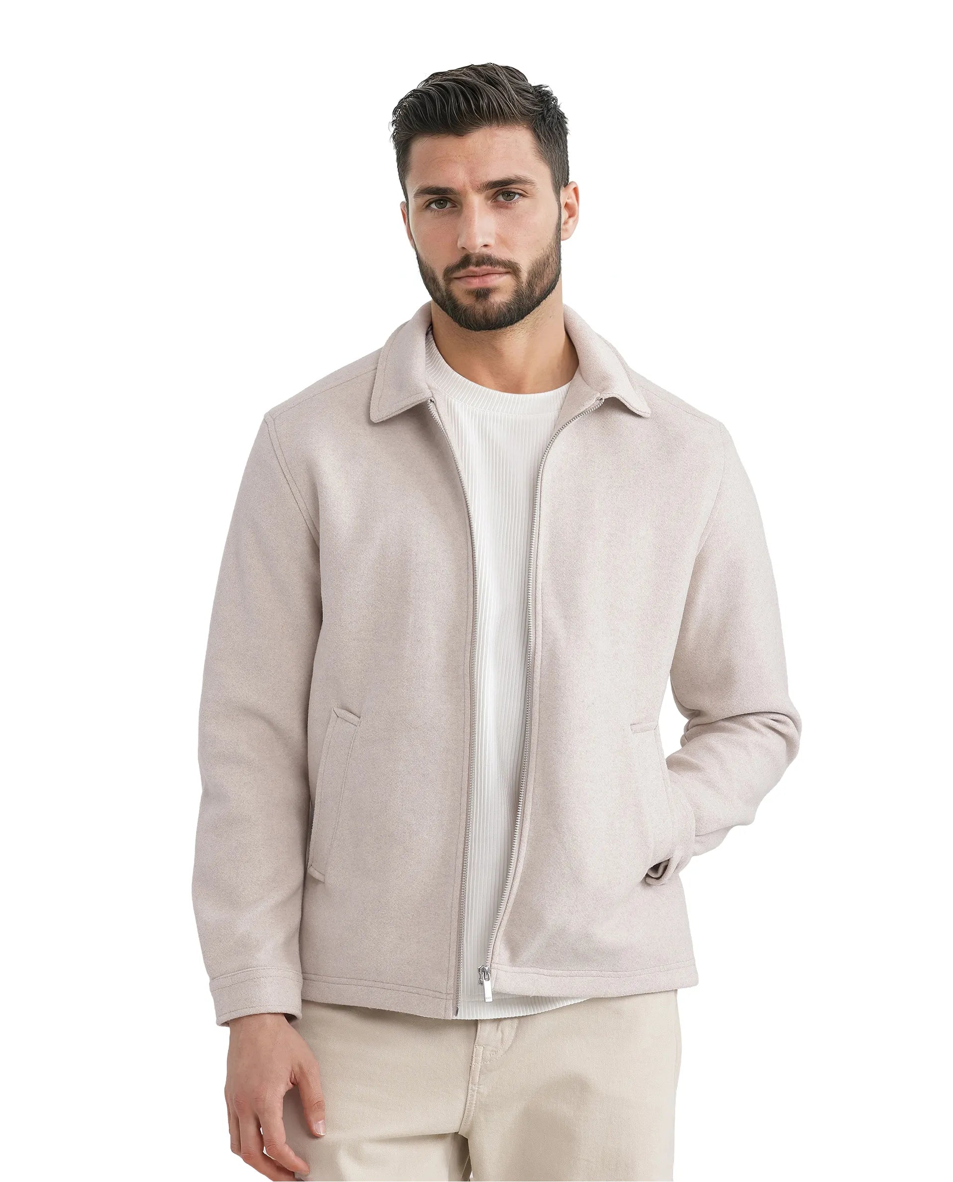 Rare Rabbit Men Tweeder-2 Beige Poly Rayon Fabric Full Sleeve Collared Neck Zipper Closure Relaxed Fit Plain Jacket