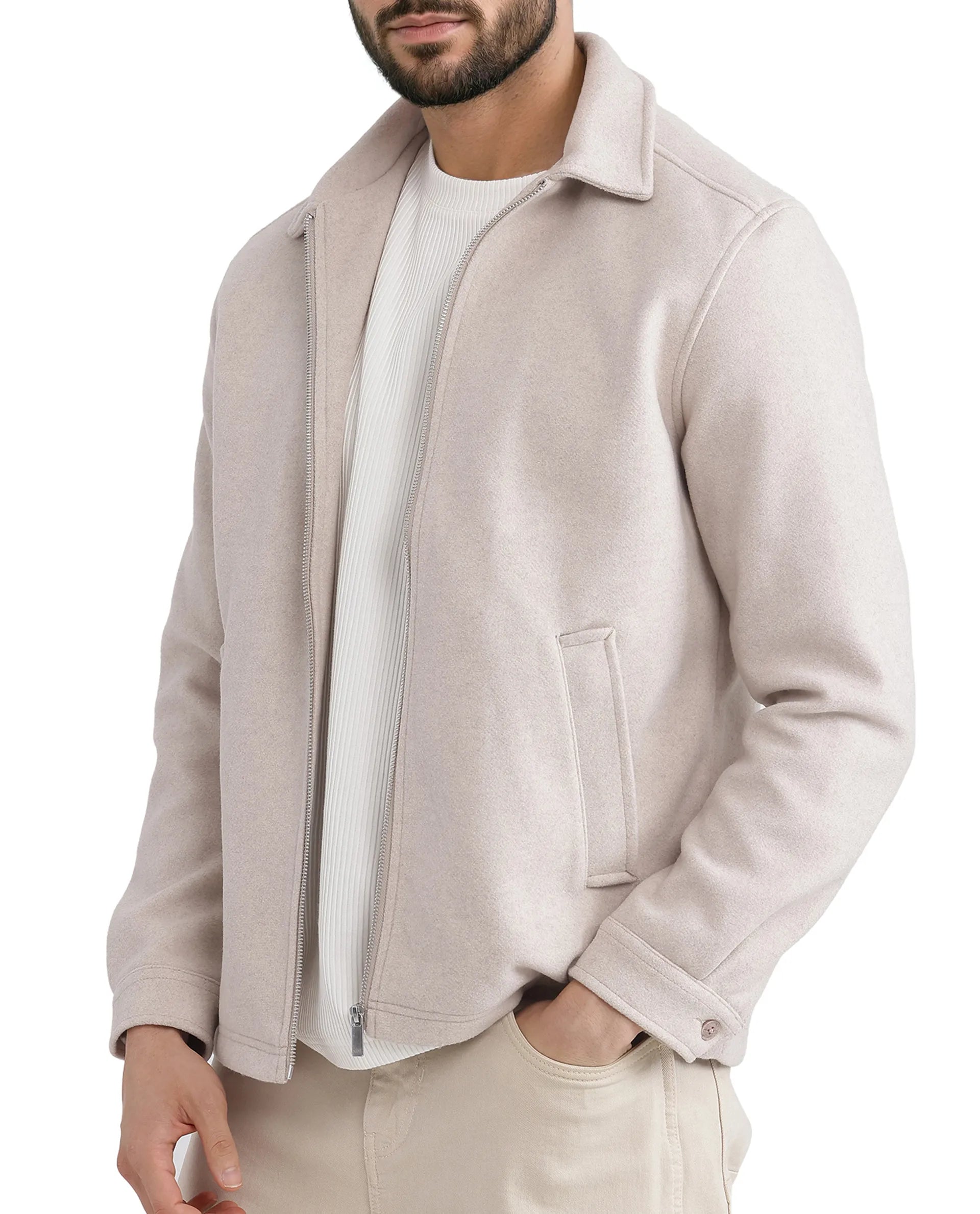 Rare Rabbit Men Tweeder-2 Beige Poly Rayon Fabric Full Sleeve Collared Neck Zipper Closure Relaxed Fit Plain Jacket