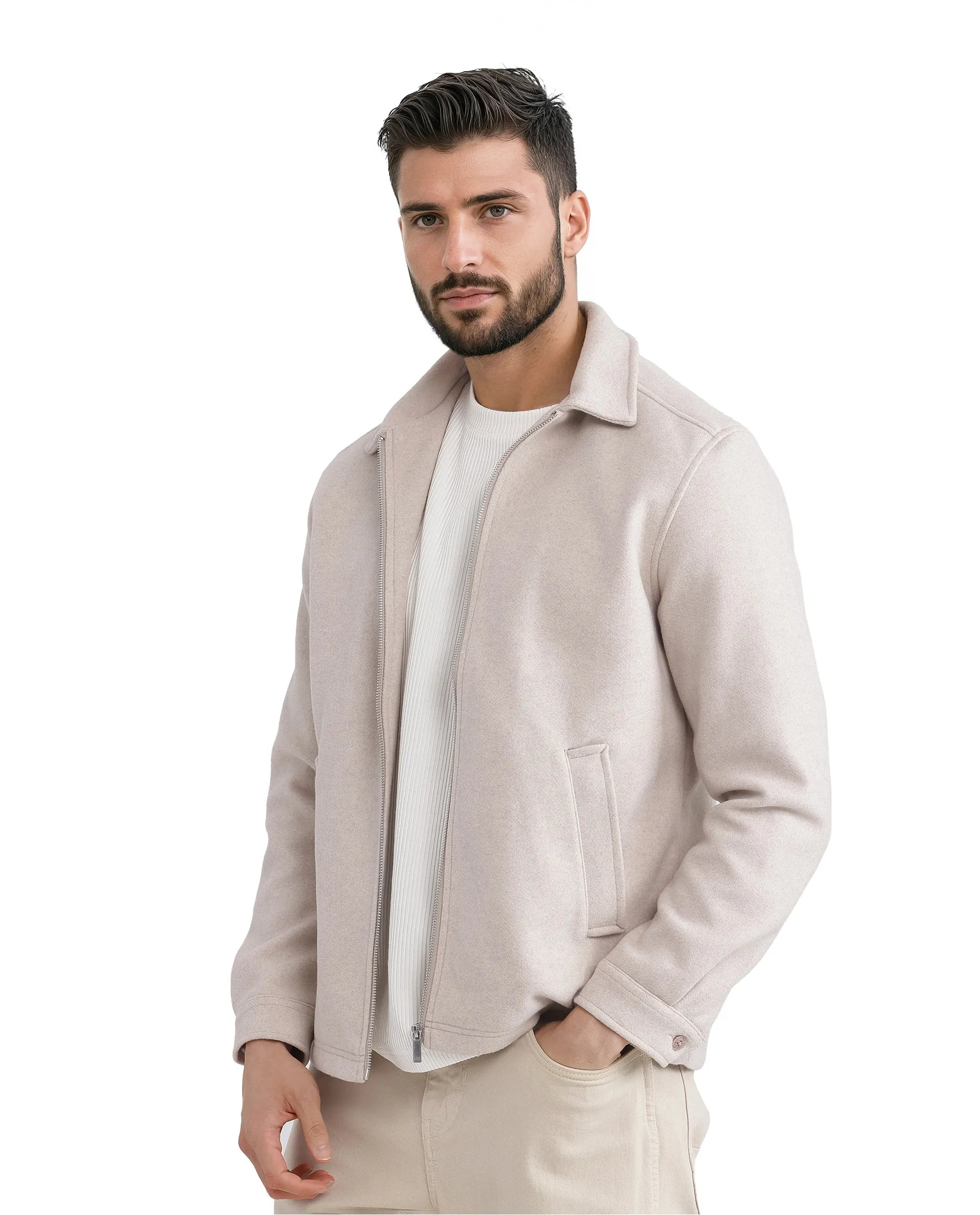 Rare Rabbit Men Tweeder-2 Beige Poly Rayon Fabric Full Sleeve Collared Neck Zipper Closure Relaxed Fit Plain Jacket