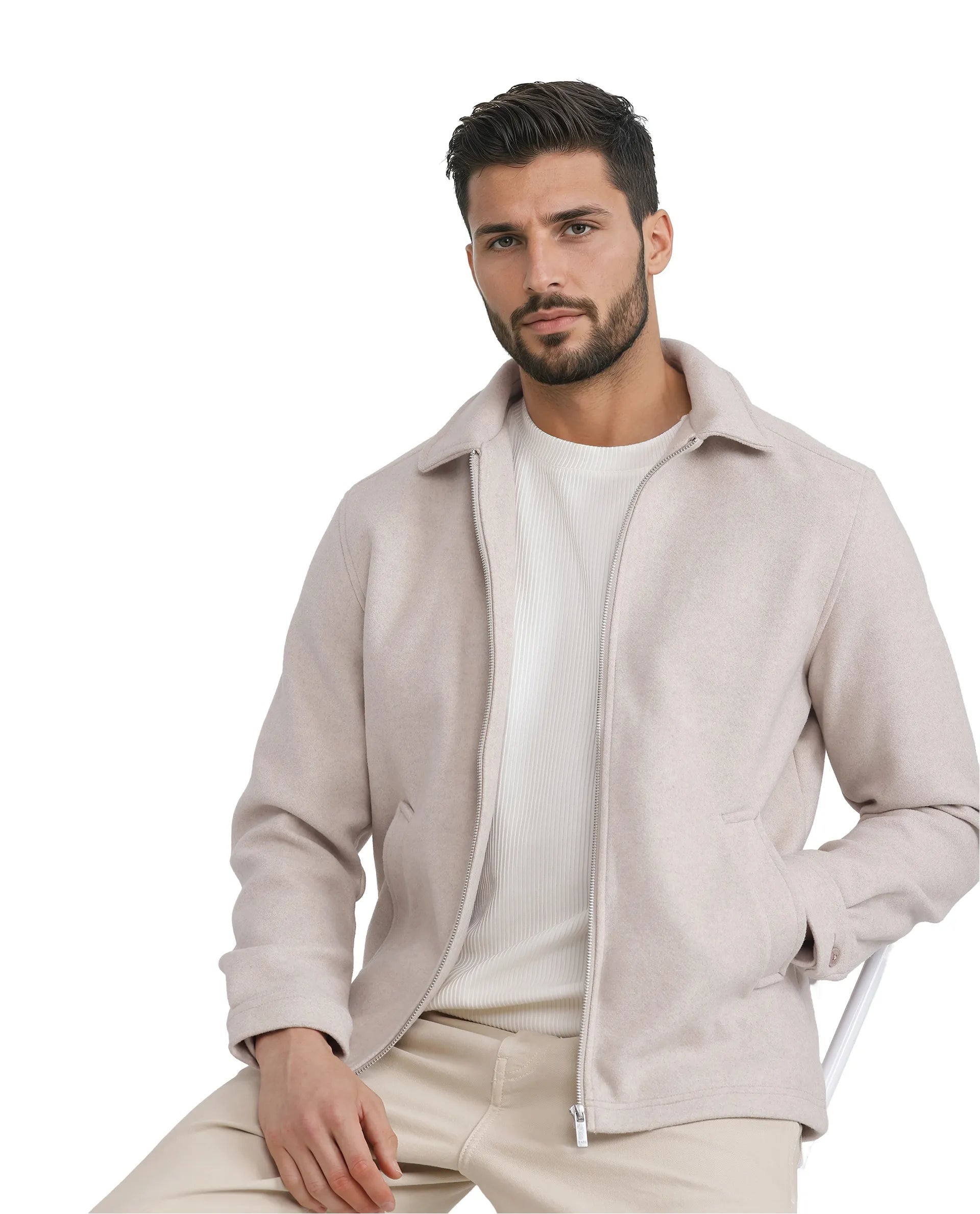 Rare Rabbit Men Tweeder-2 Beige Poly Rayon Fabric Full Sleeve Collared Neck Zipper Closure Relaxed Fit Plain Jacket