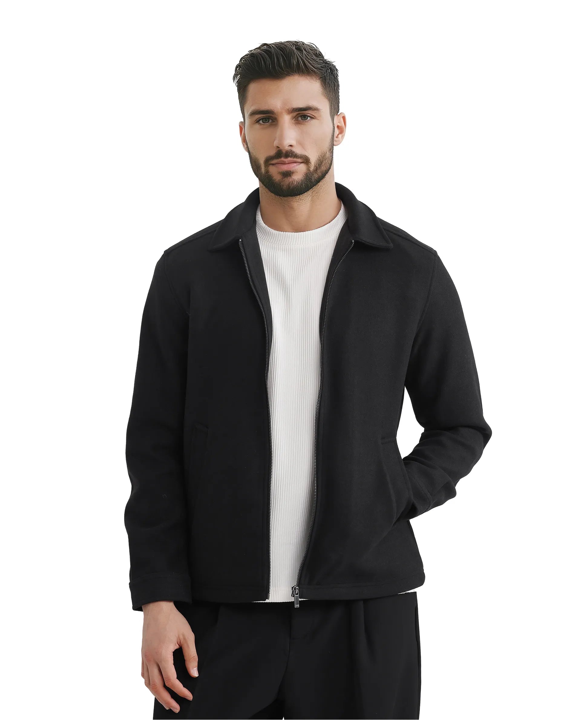 Rare Rabbit Men Tweeder-2 Black Poly Rayon Fabric Full Sleeve Collared Neck Zipper Closure Relaxed Fit Plain Jacket