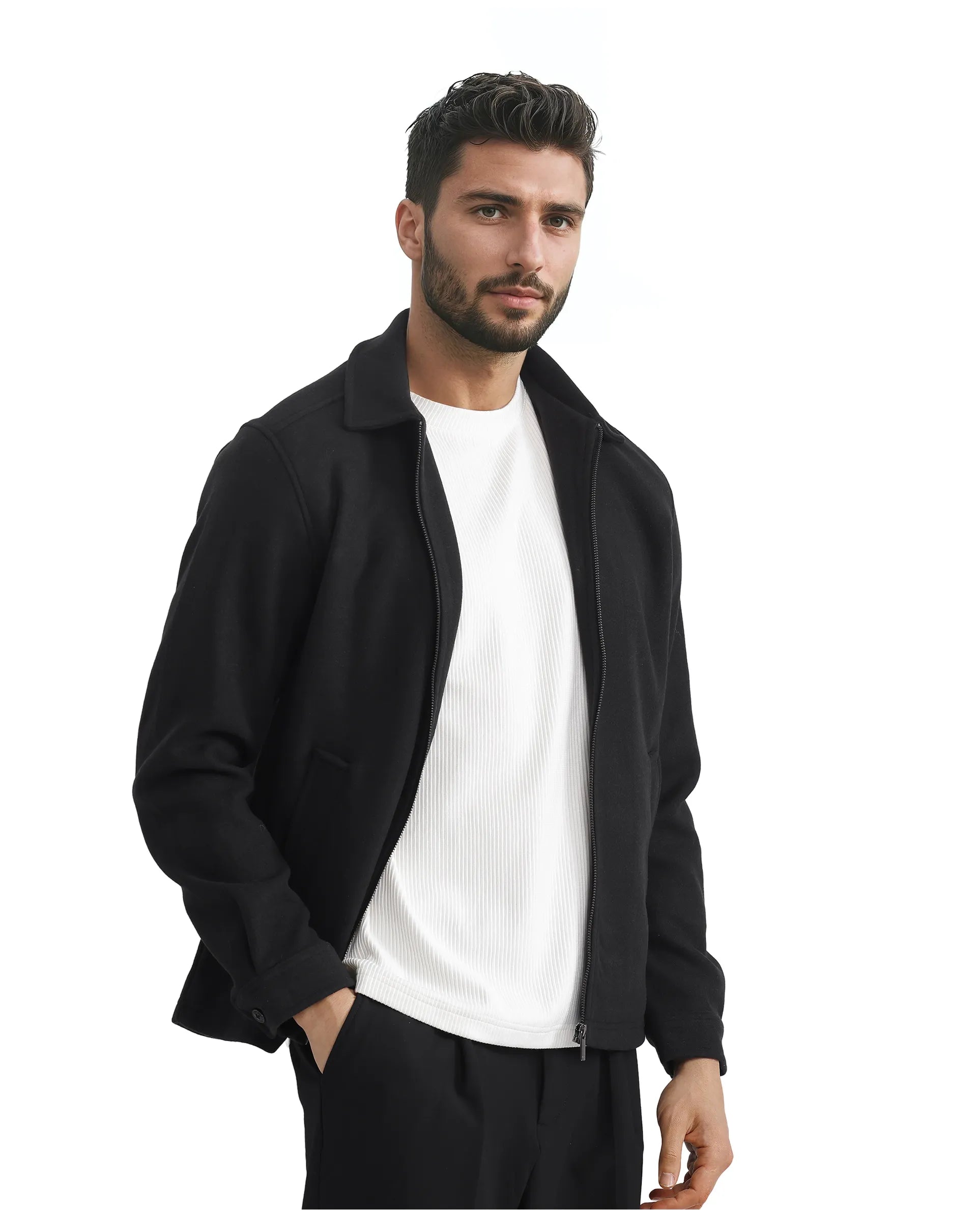 Rare Rabbit Men Tweeder-2 Black Poly Rayon Fabric Full Sleeve Collared Neck Zipper Closure Relaxed Fit Plain Jacket