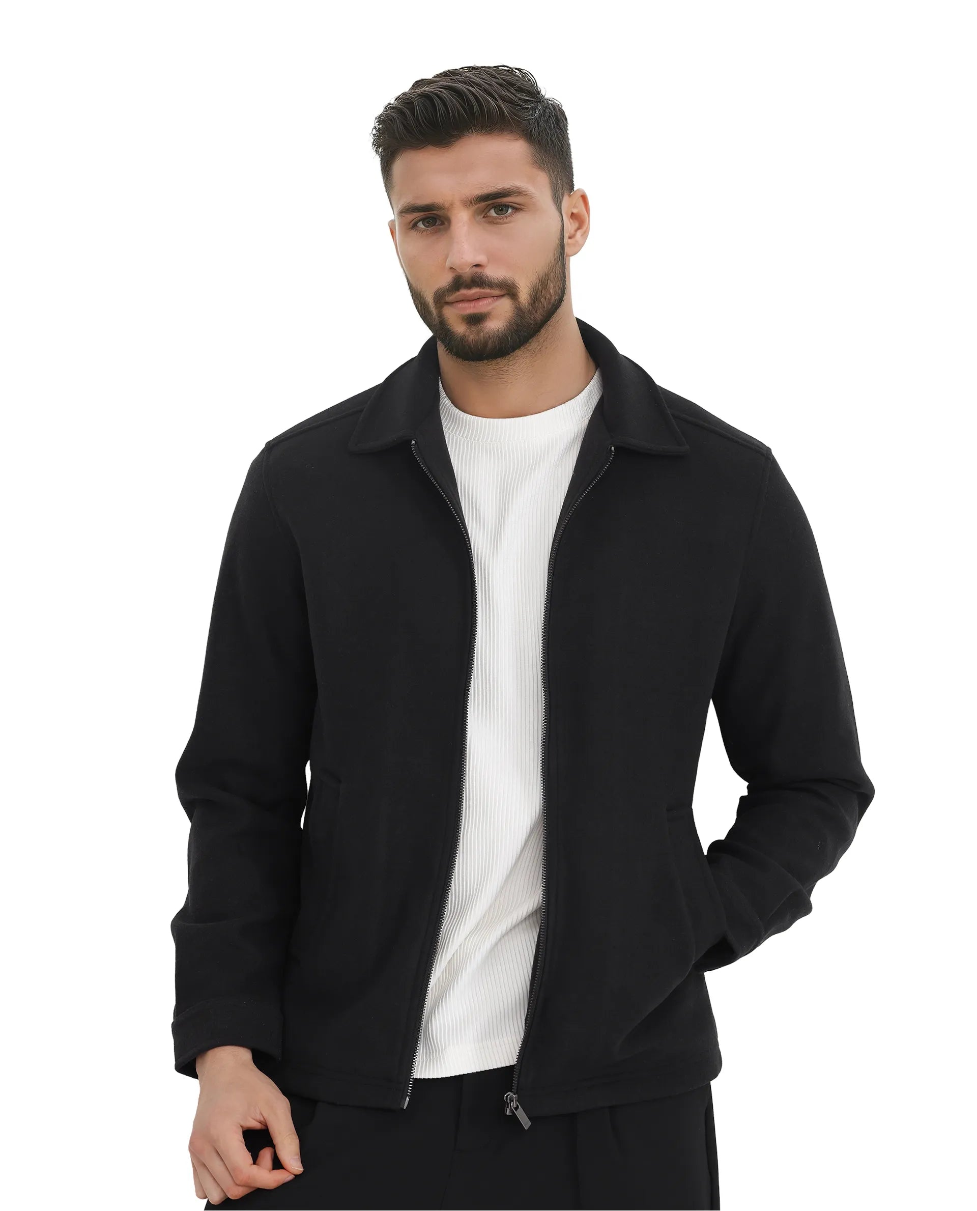 Rare Rabbit Men Tweeder-2 Black Poly Rayon Fabric Full Sleeve Collared Neck Zipper Closure Relaxed Fit Plain Jacket