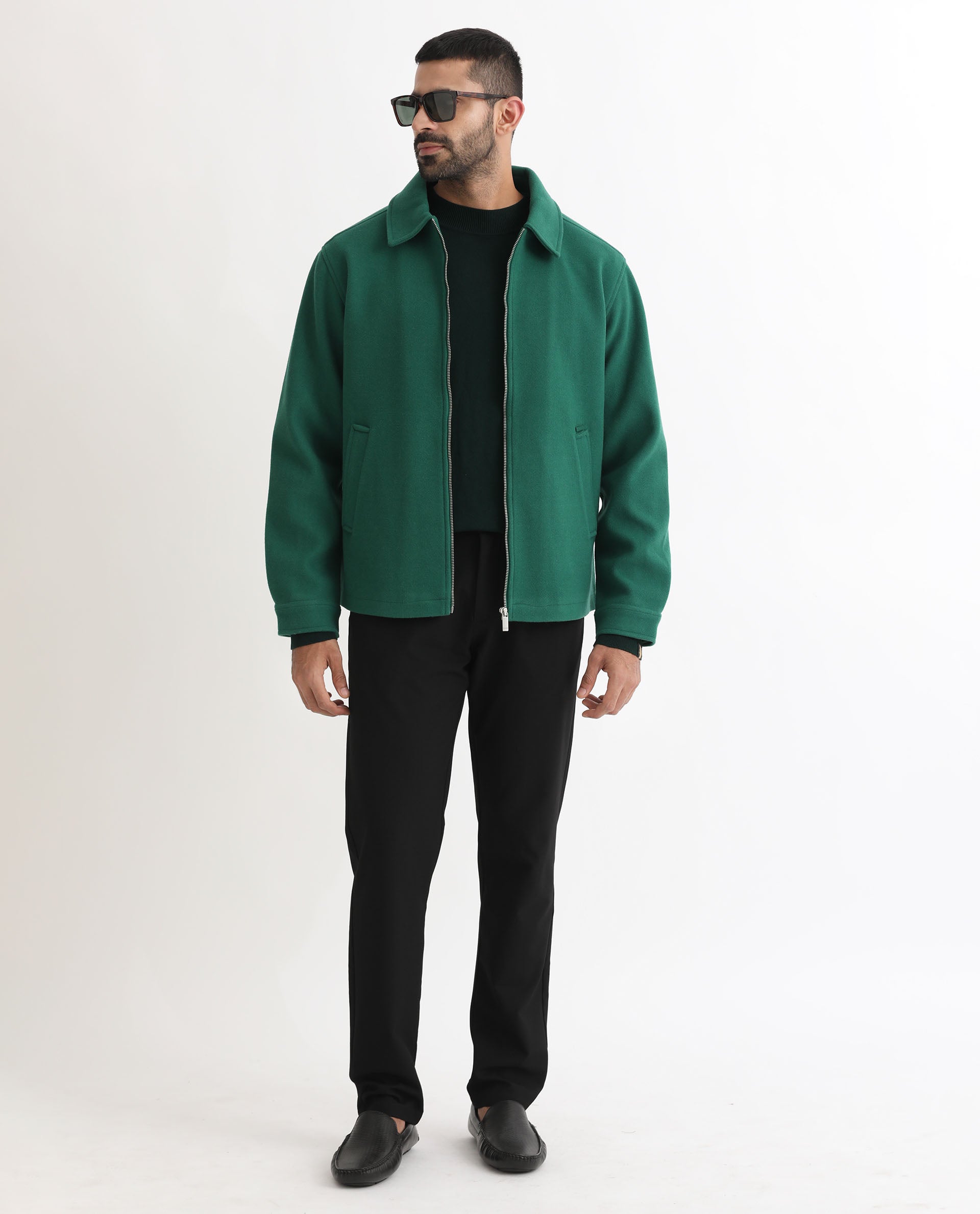 Rare Rabbit Men's Tweeder Green Textured Broad Collar Jacket