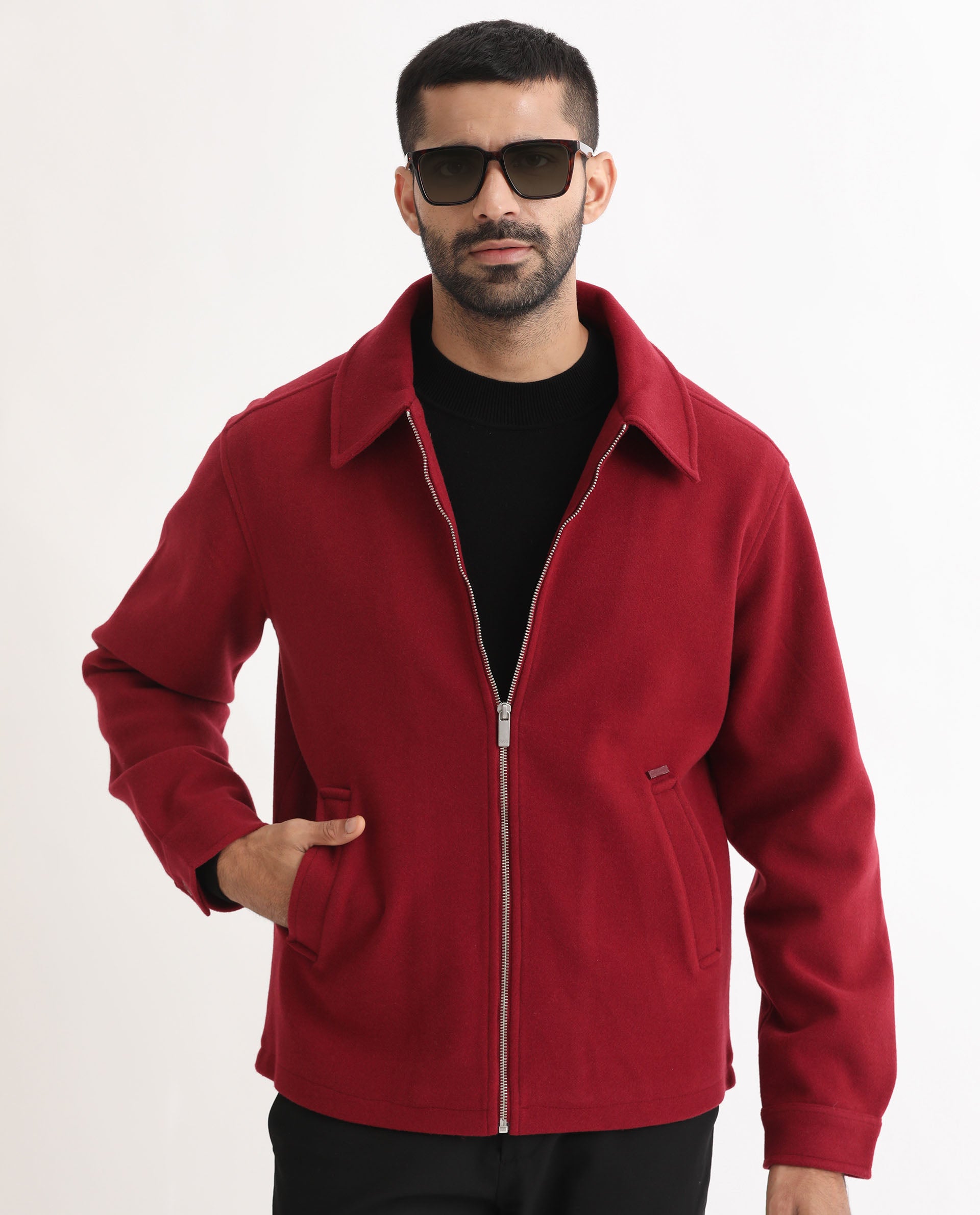 Rare Rabbit Men's Tweeder Red Textured Broad Collar Jacket