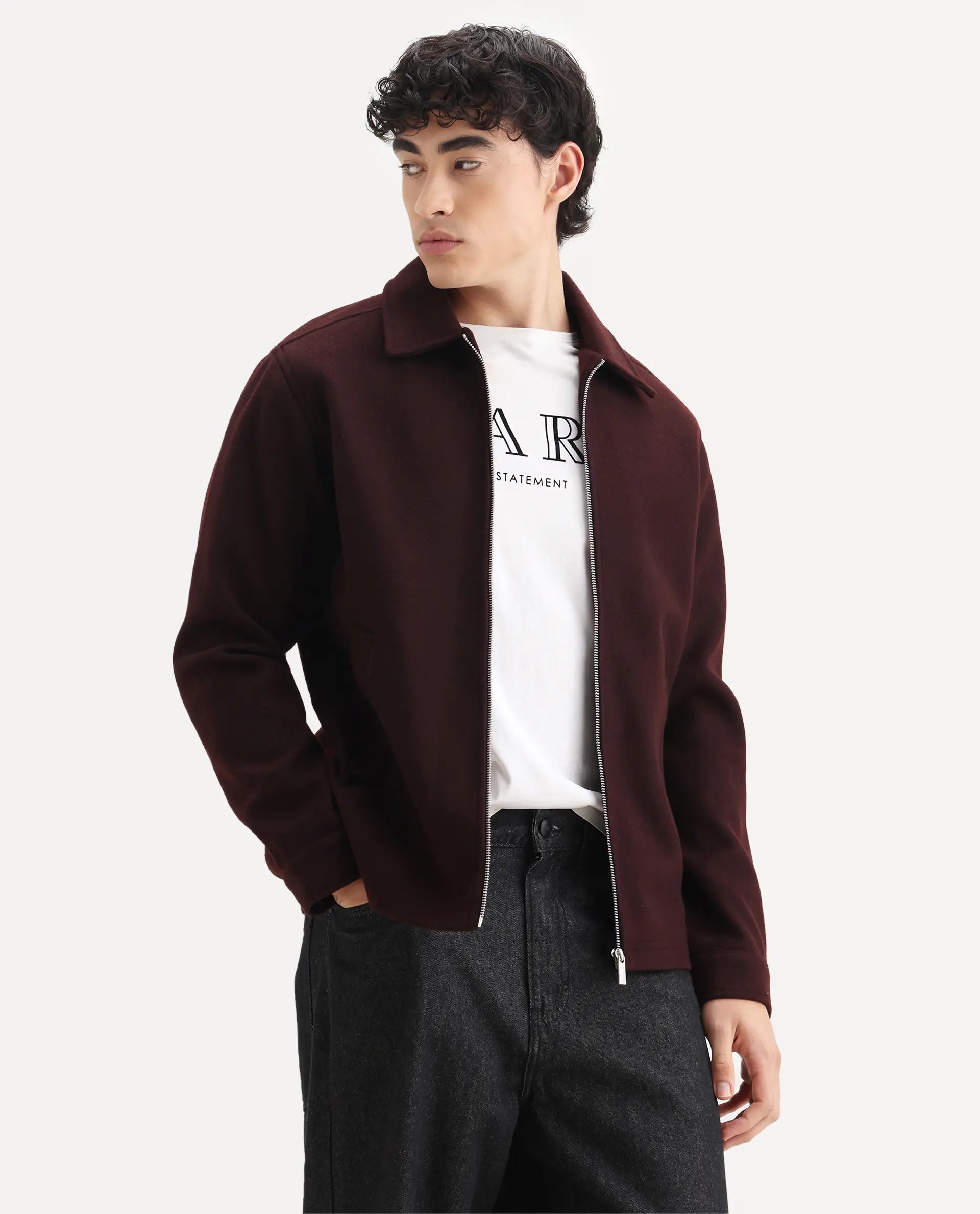 Rare Rabbit Men's Tweeder-25 Maroon Polyester Blend Fabric Collared Neck Regular Fit Plain Jacket