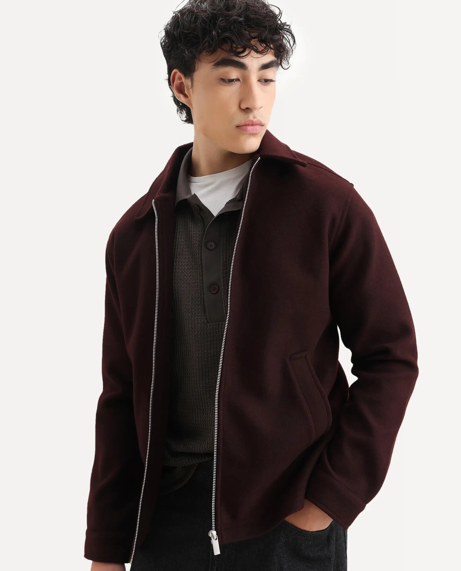 Rare Rabbit Men's Tweeder-25 Maroon Polyester Blend Fabric Collared Neck Regular Fit Plain Jacket
