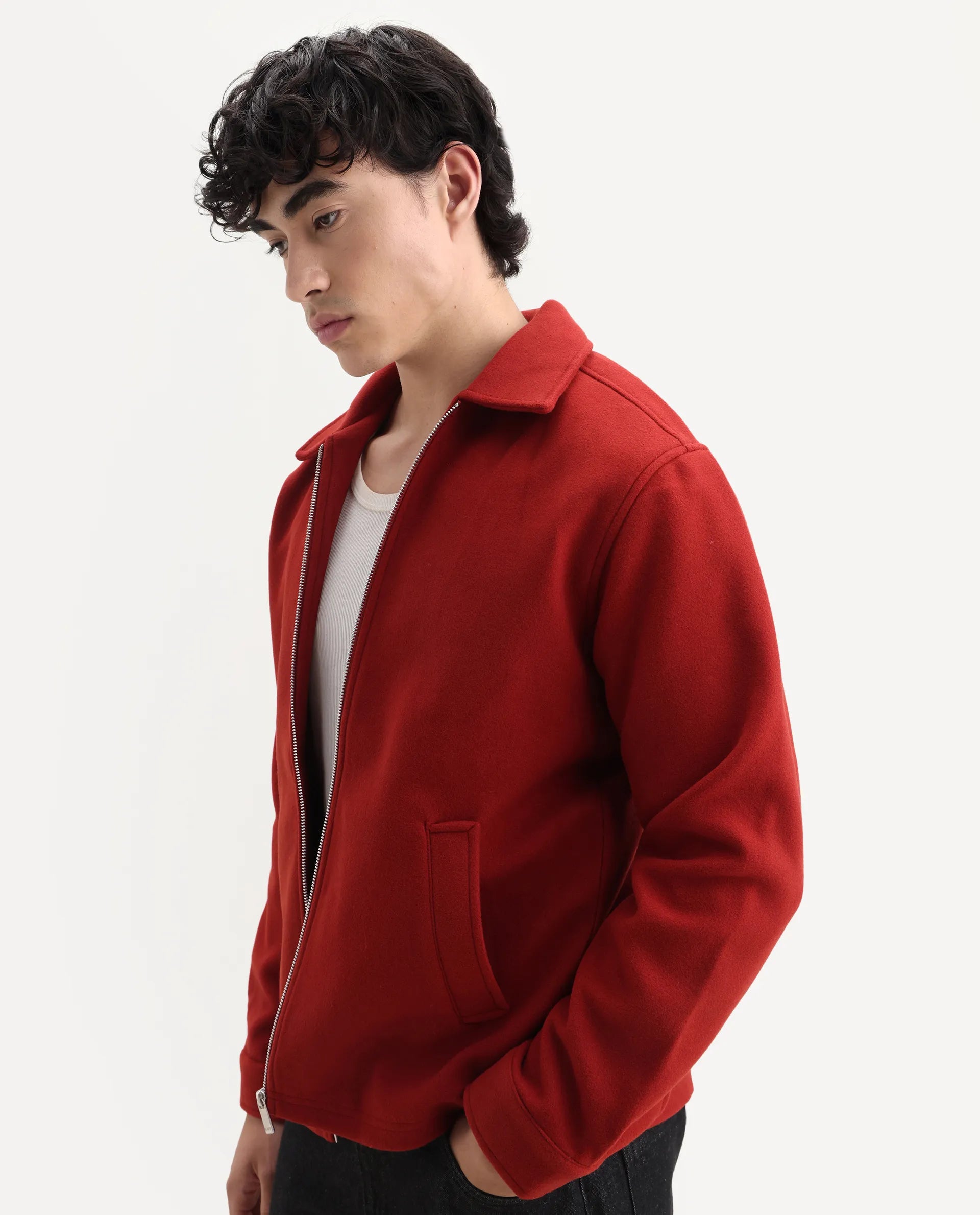 Rare Rabbit Men's Tweeder-25 Rust Polyester Blend Fabric Collared Neck Regular Fit Plain Jacket