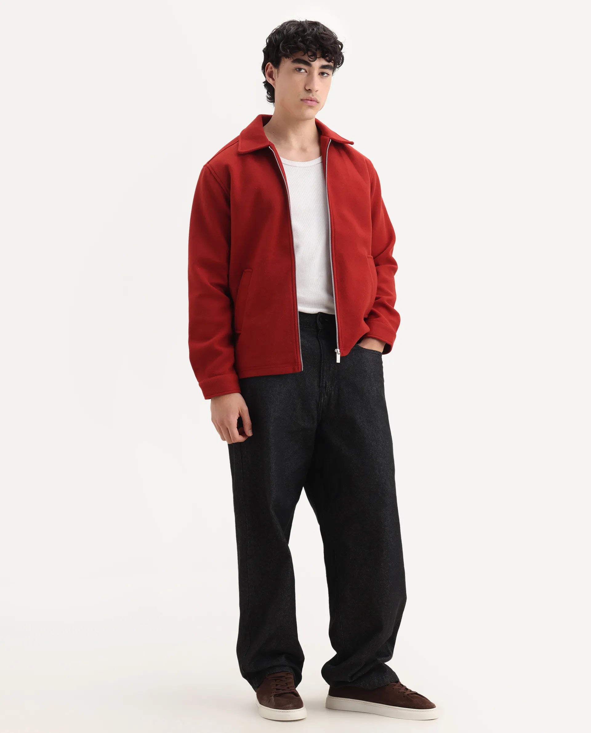 Rare Rabbit Men's Tweeder-25 Rust Polyester Blend Fabric Collared Neck Regular Fit Plain Jacket