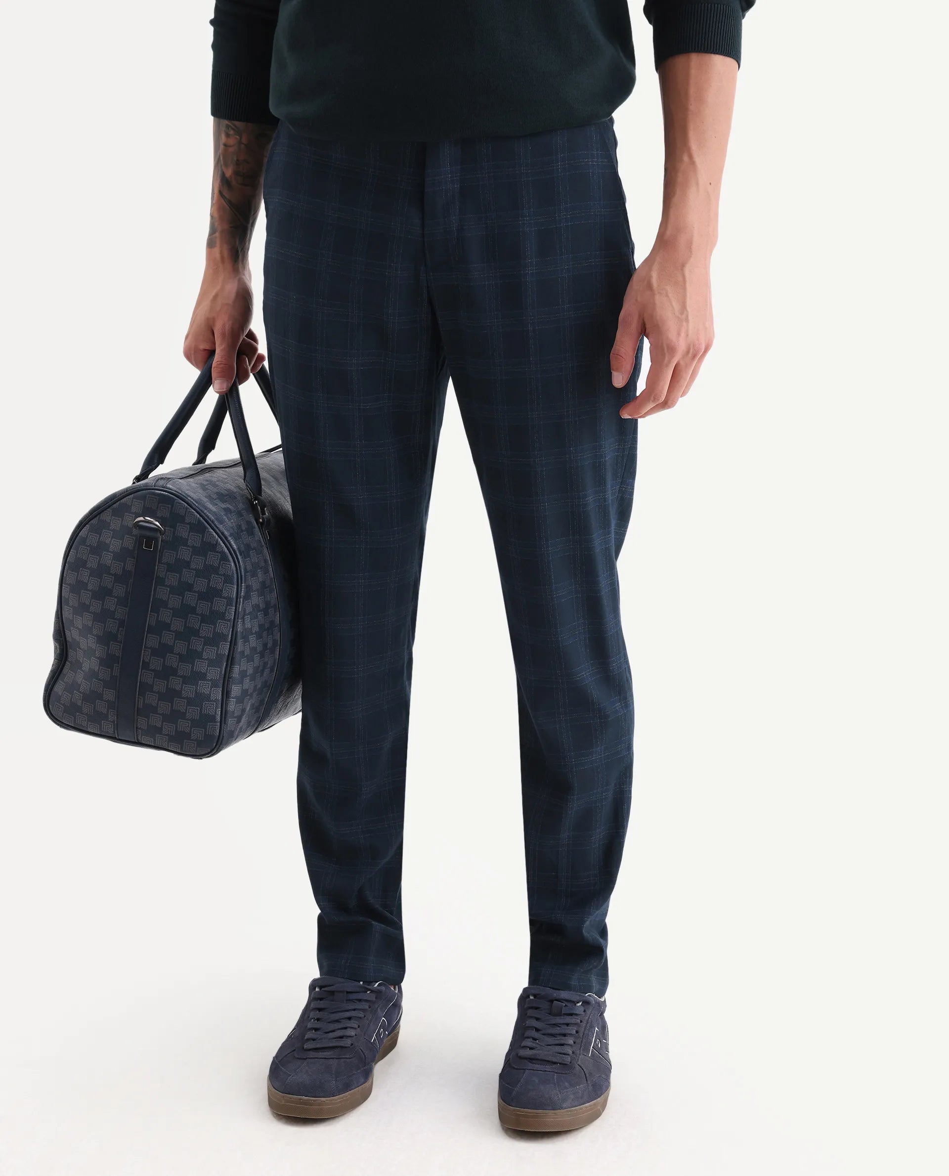 Rare Rabbit Men's Twig Navy Polyester Checked Print Regular Fit Trouser