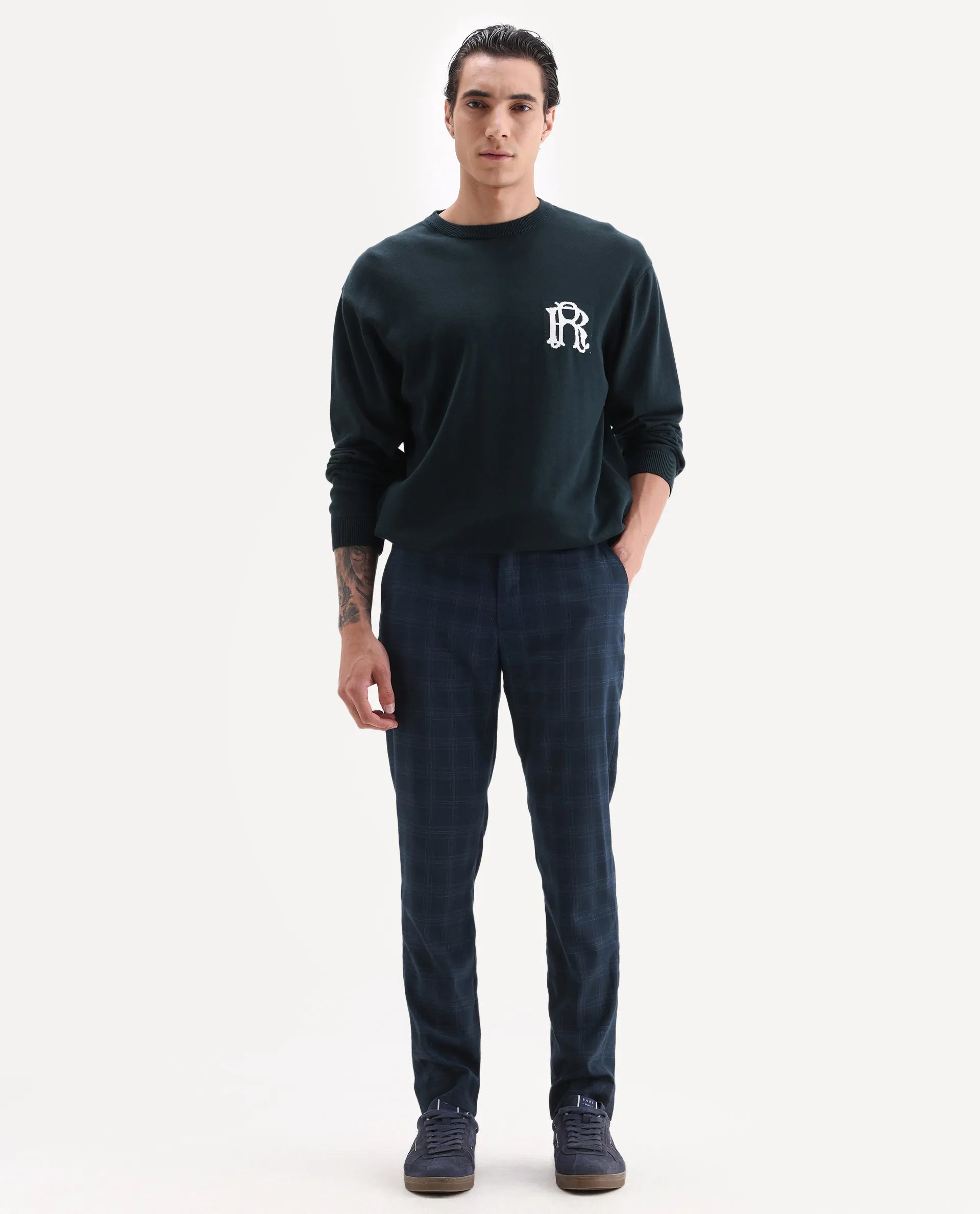 Rare Rabbit Men's Twig Navy Polyester Checked Print Regular Fit Trouser