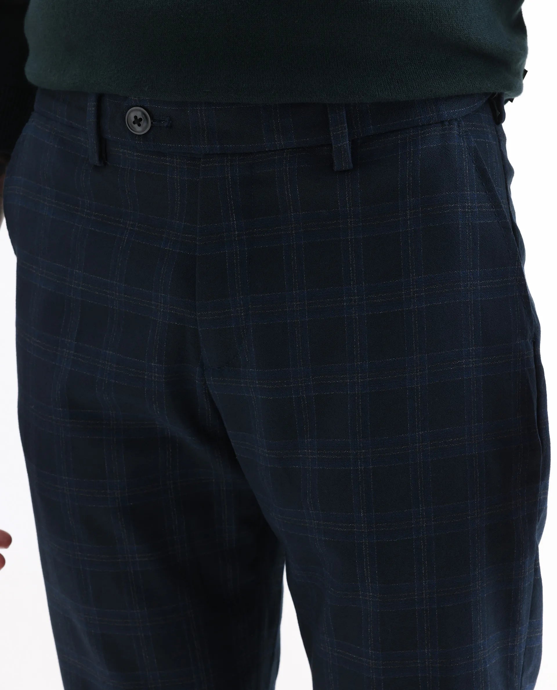 Rare Rabbit Men's Twig Navy Polyester Checked Print Regular Fit Trouser