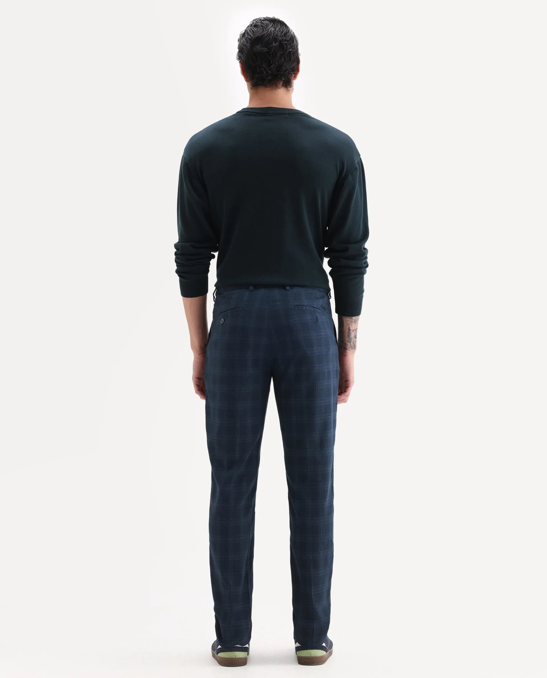 Rare Rabbit Men's Twig Navy Polyester Checked Print Regular Fit Trouser