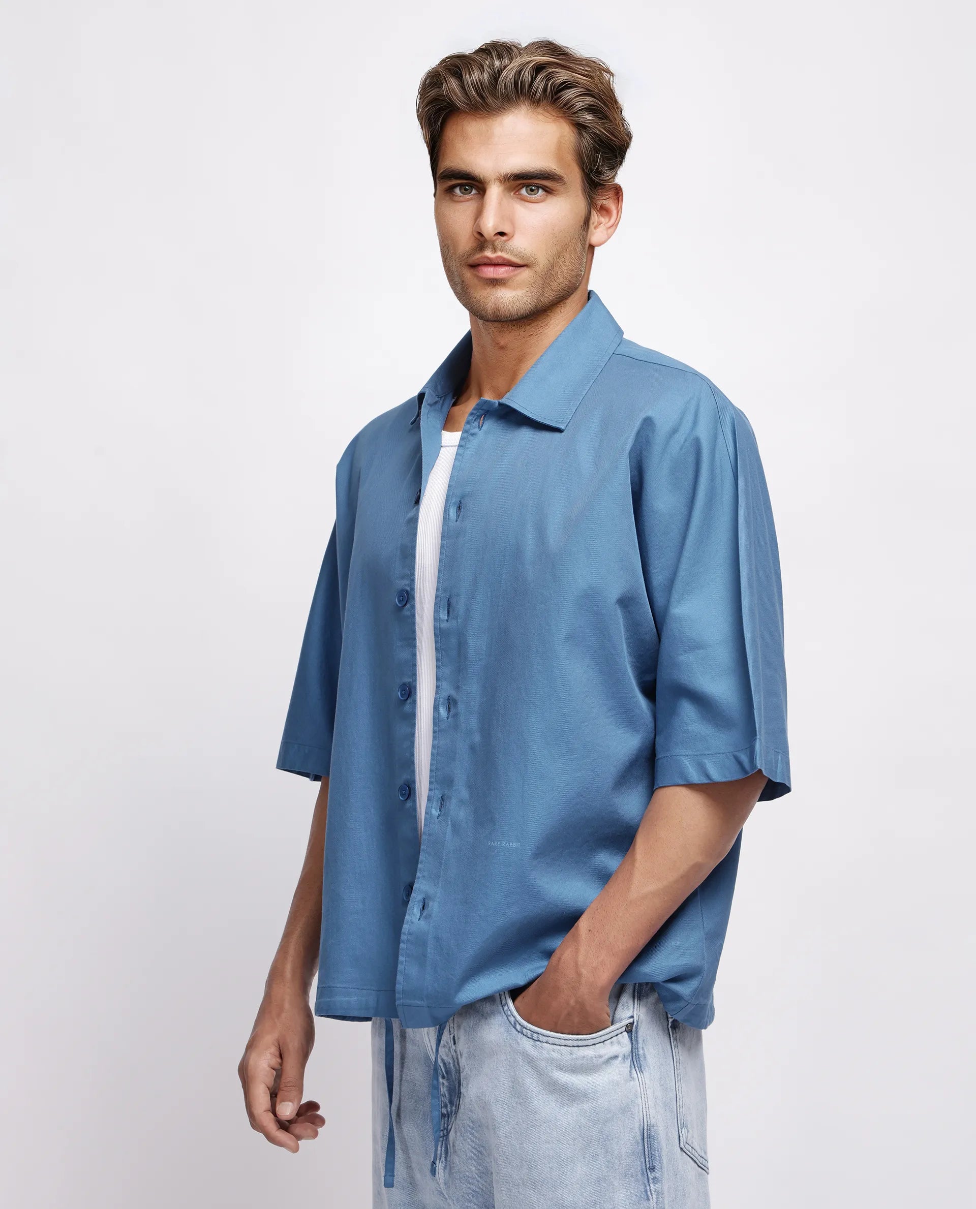 Rare Rabbit Men's Twillt Blue Cotton Plain Oversized Fit Full Sleeve Collared Shirt