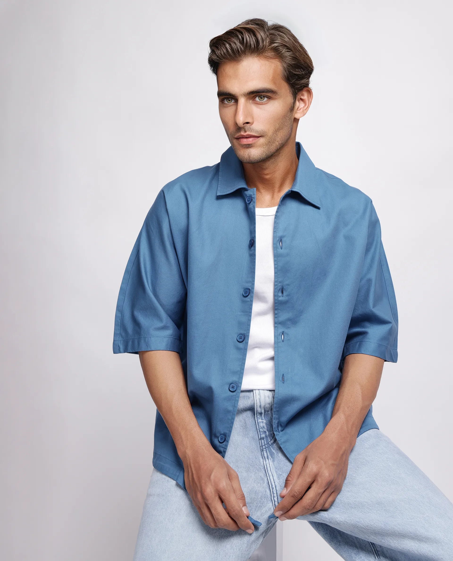 Rare Rabbit Men's Twillt Blue Cotton Plain Oversized Fit Full Sleeve Collared Shirt