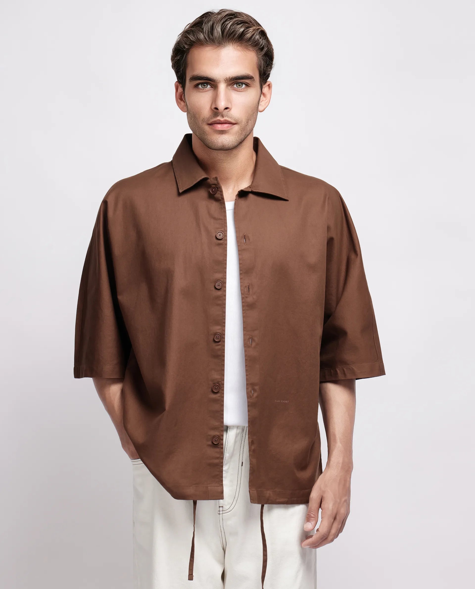 Rare Rabbit Men's Twillt Brown Cotton Plain Oversized Fit Full Sleeve Collared Shirt