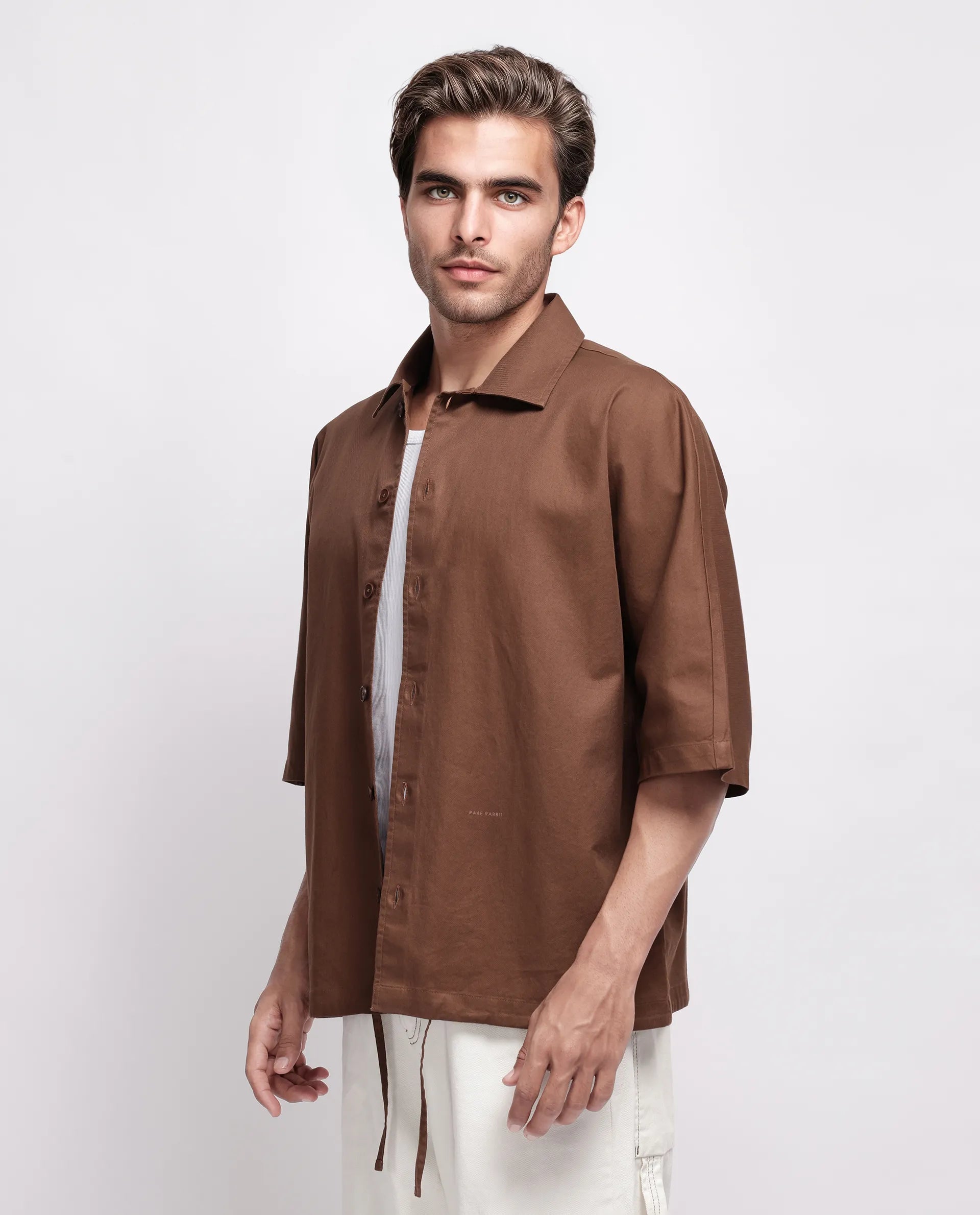 Rare Rabbit Men's Twillt Brown Cotton Plain Oversized Fit Full Sleeve Collared Shirt