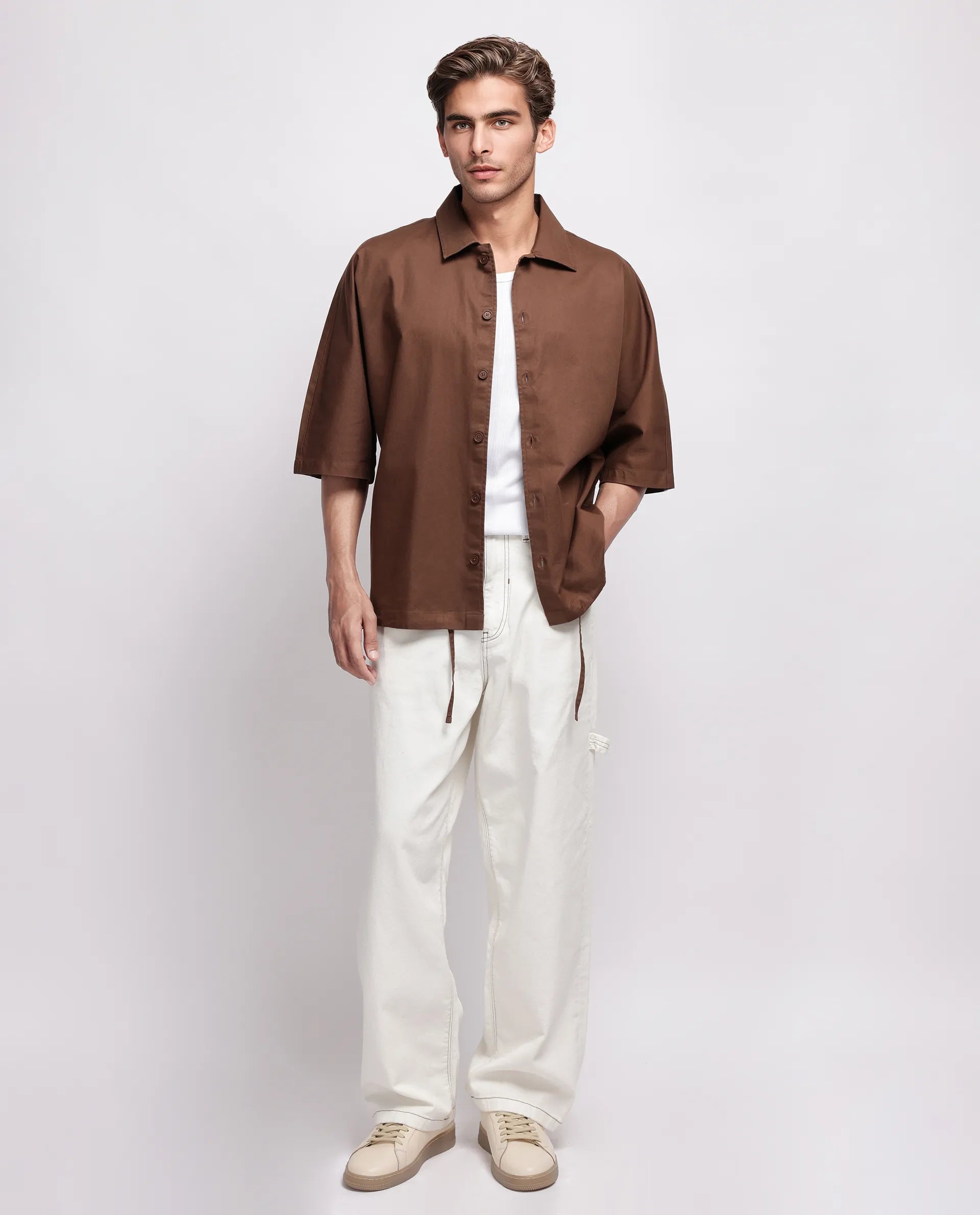 Rare Rabbit Men's Twillt Brown Cotton Plain Oversized Fit Full Sleeve Collared Shirt