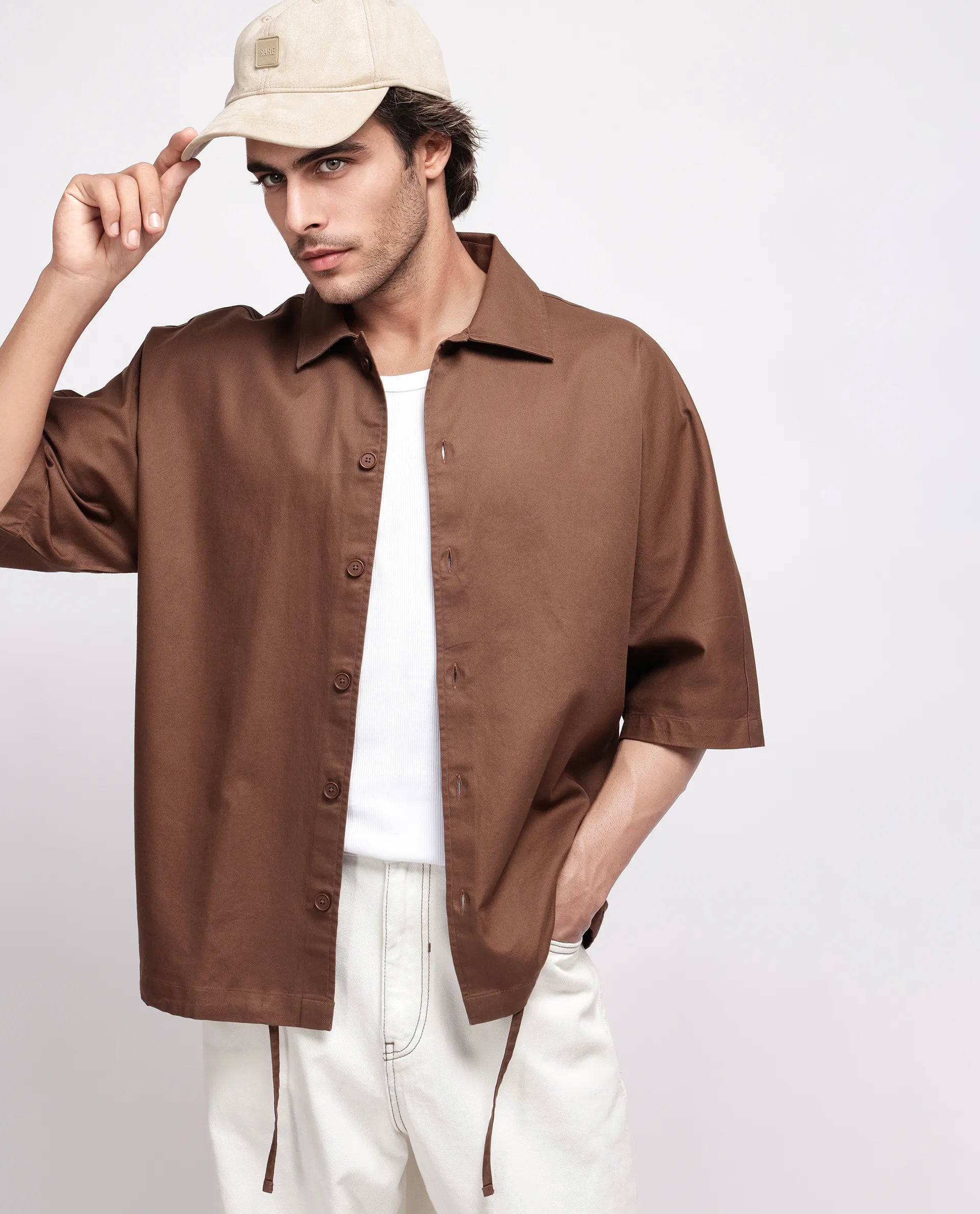 Rare Rabbit Men's Twillt Brown Cotton Plain Oversized Fit Full Sleeve Collared Shirt