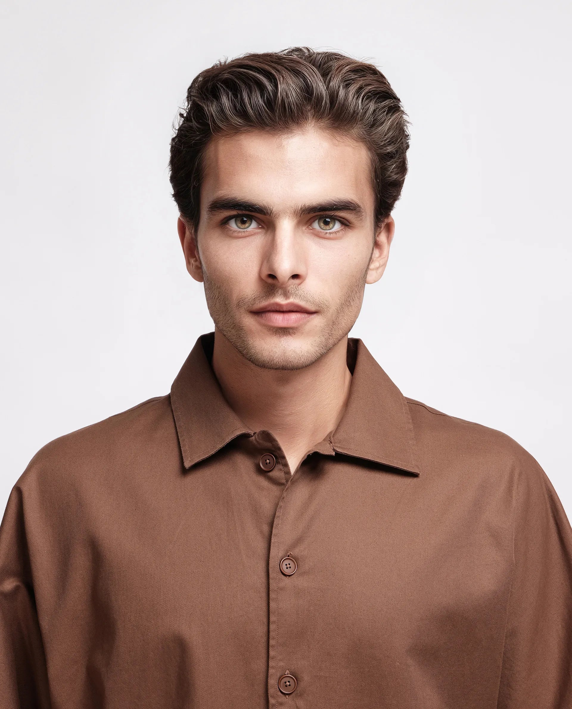 Rare Rabbit Men's Twillt Brown Cotton Plain Oversized Fit Full Sleeve Collared Shirt