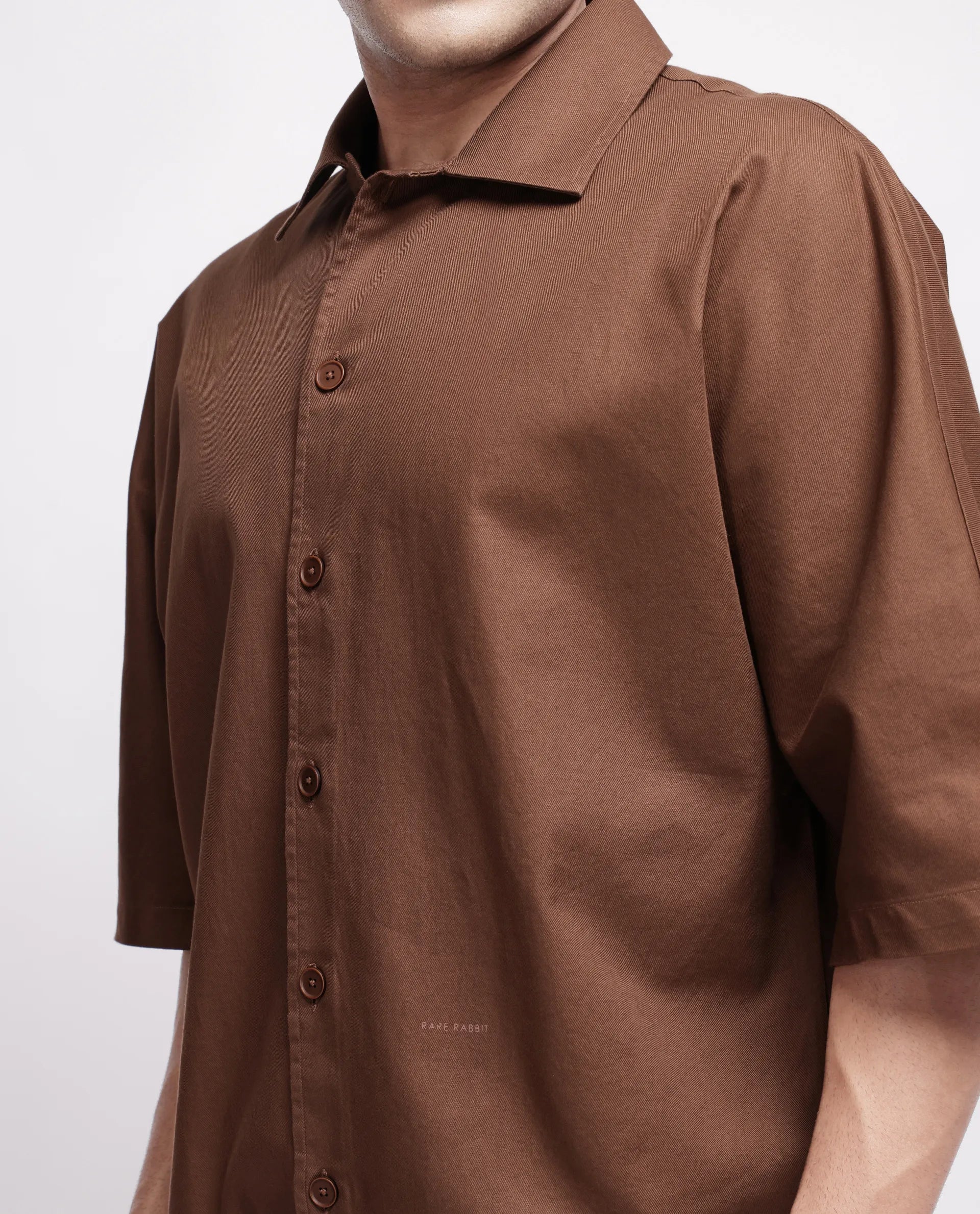 Rare Rabbit Men's Twillt Brown Cotton Plain Oversized Fit Full Sleeve Collared Shirt