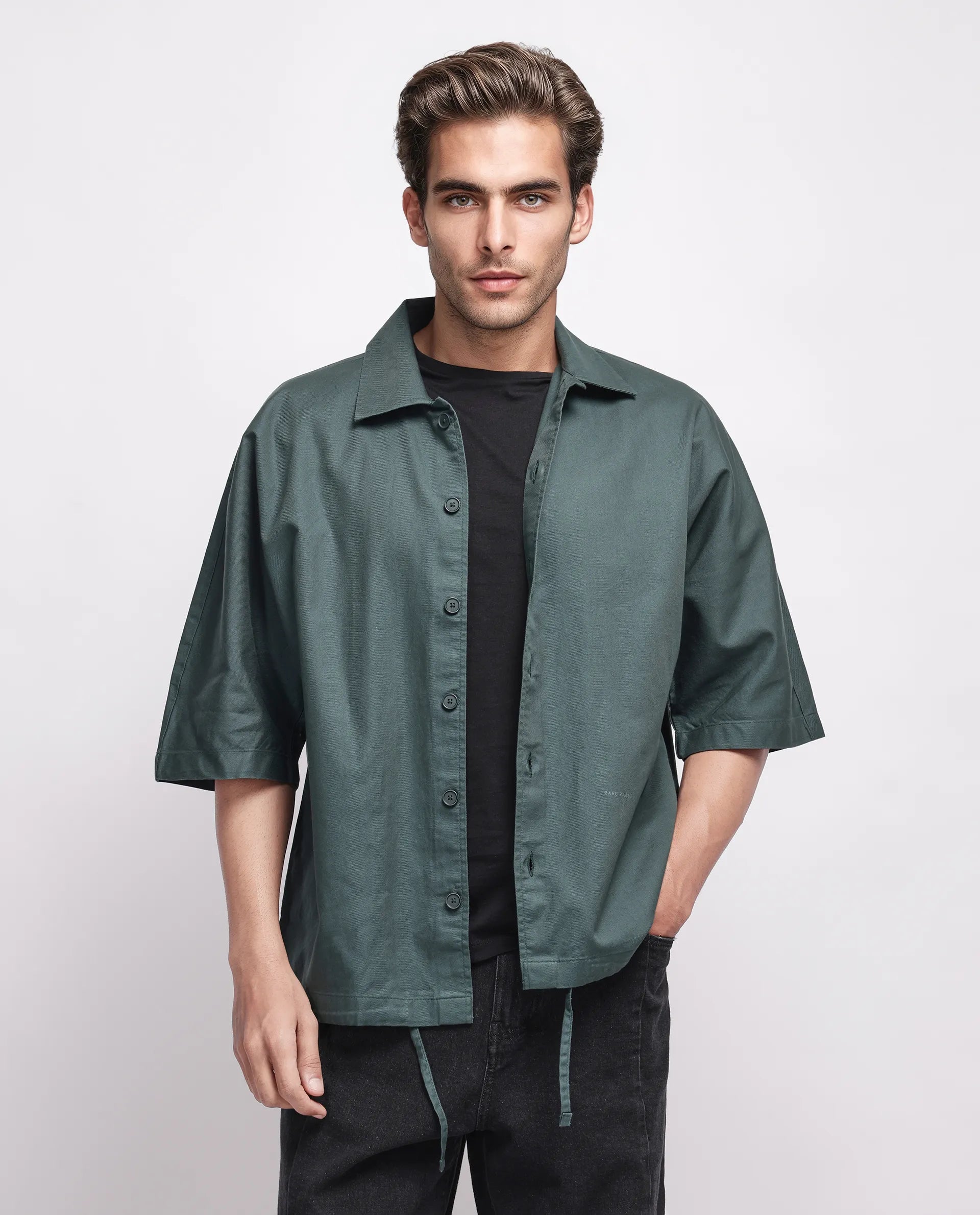 Rare Rabbit Men's Twillt Dark Green Cotton Plain Oversized Fit Full Sleeve Collared Shirt