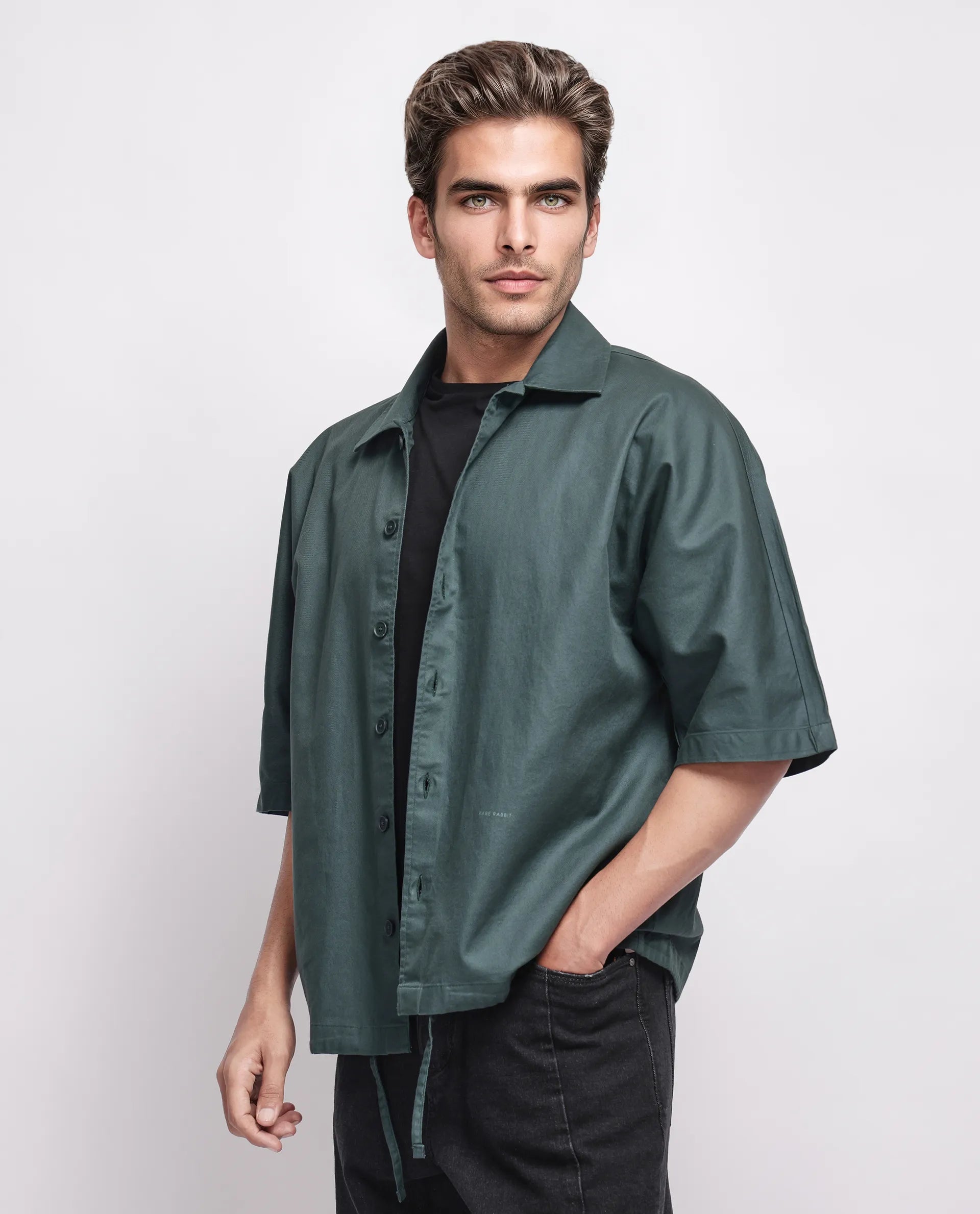 Rare Rabbit Men's Twillt Dark Green Cotton Plain Oversized Fit Full Sleeve Collared Shirt