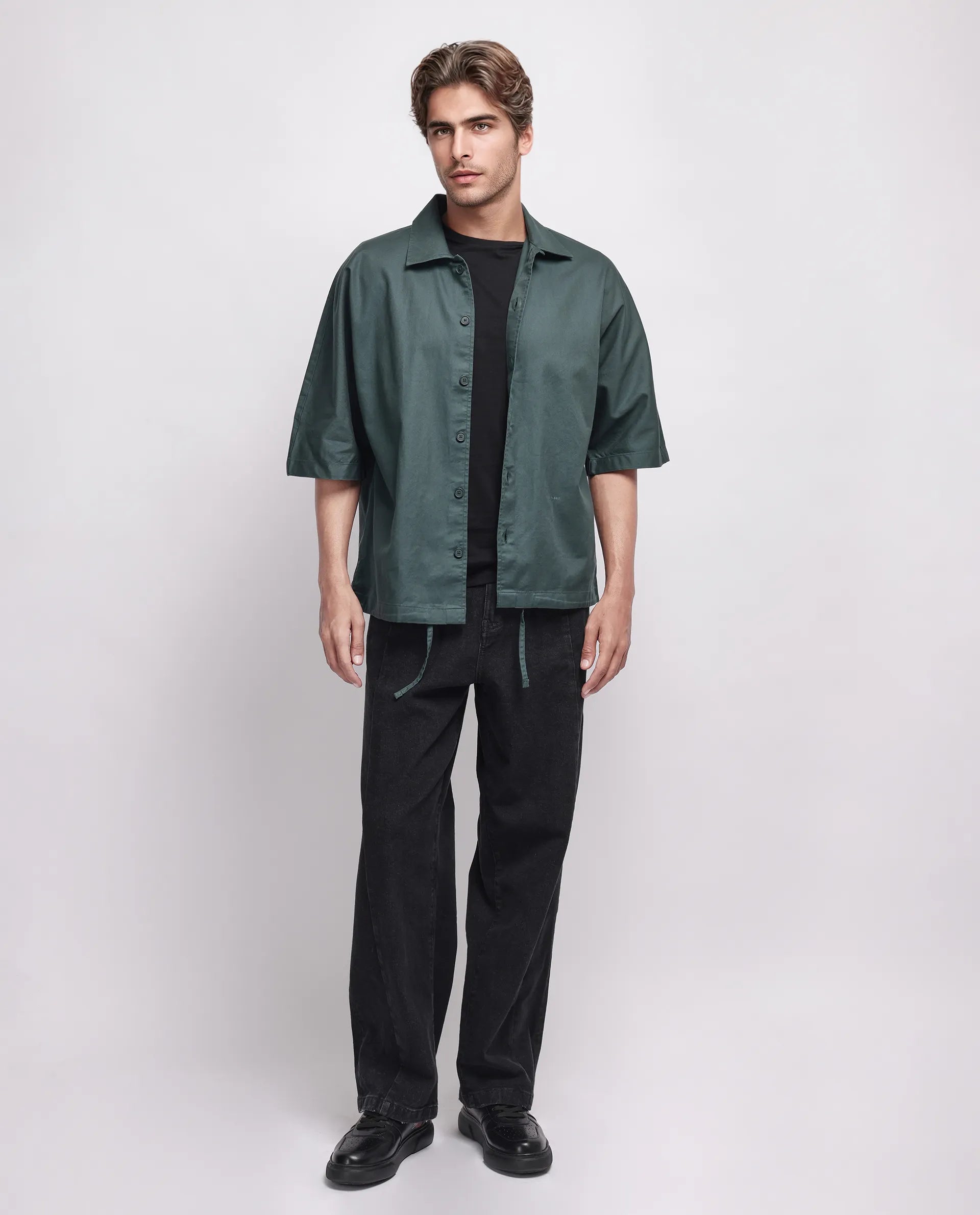 Rare Rabbit Men's Twillt Dark Green Cotton Plain Oversized Fit Full Sleeve Collared Shirt