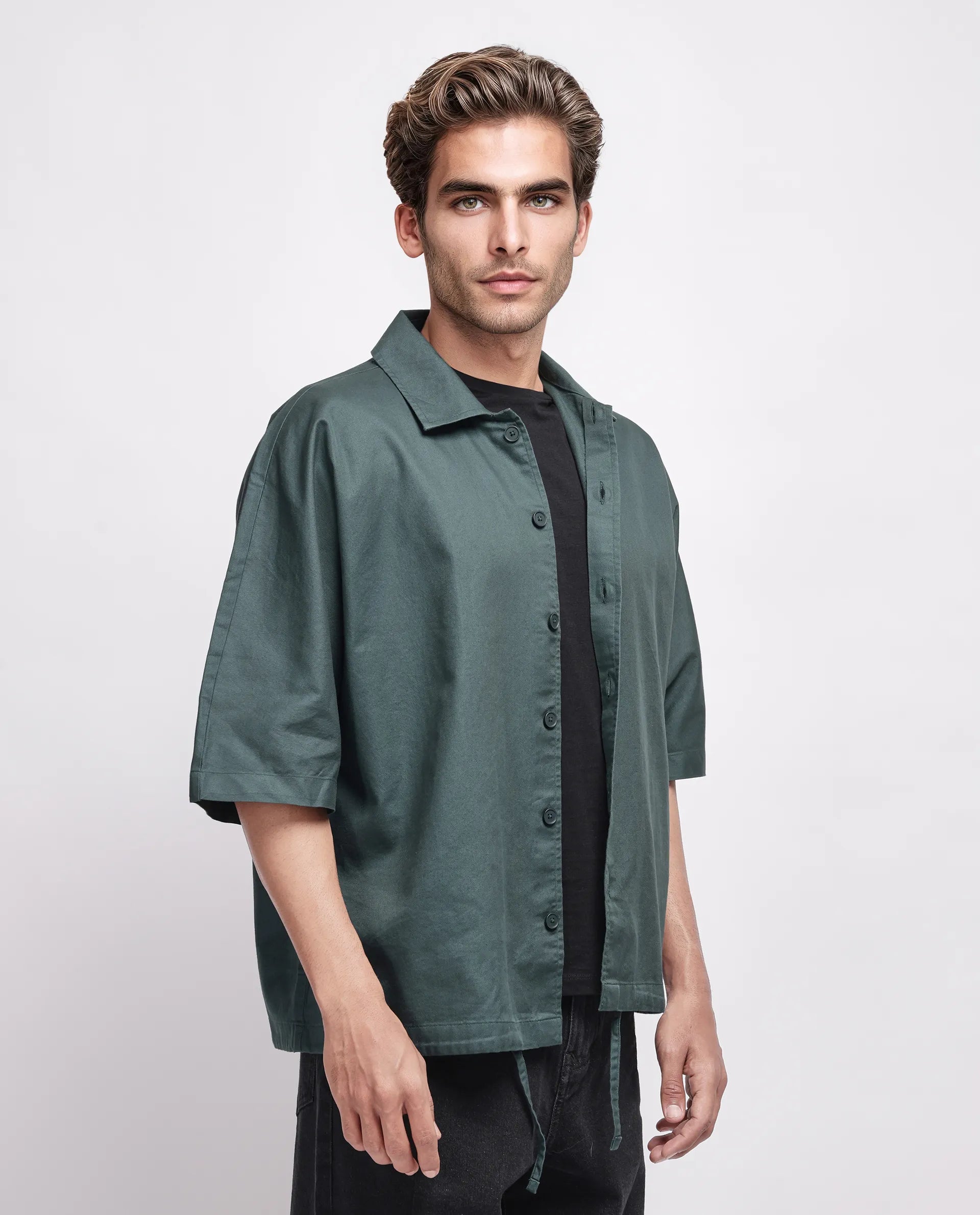 Rare Rabbit Men's Twillt Dark Green Cotton Plain Oversized Fit Full Sleeve Collared Shirt
