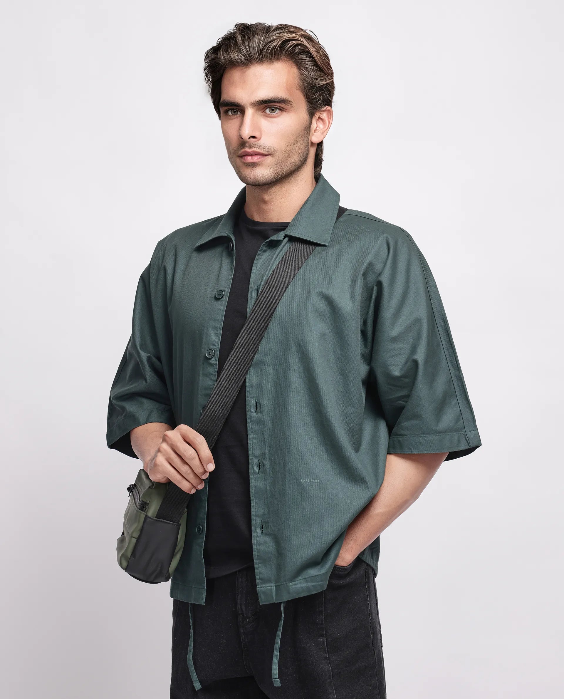Rare Rabbit Men's Twillt Dark Green Cotton Plain Oversized Fit Full Sleeve Collared Shirt