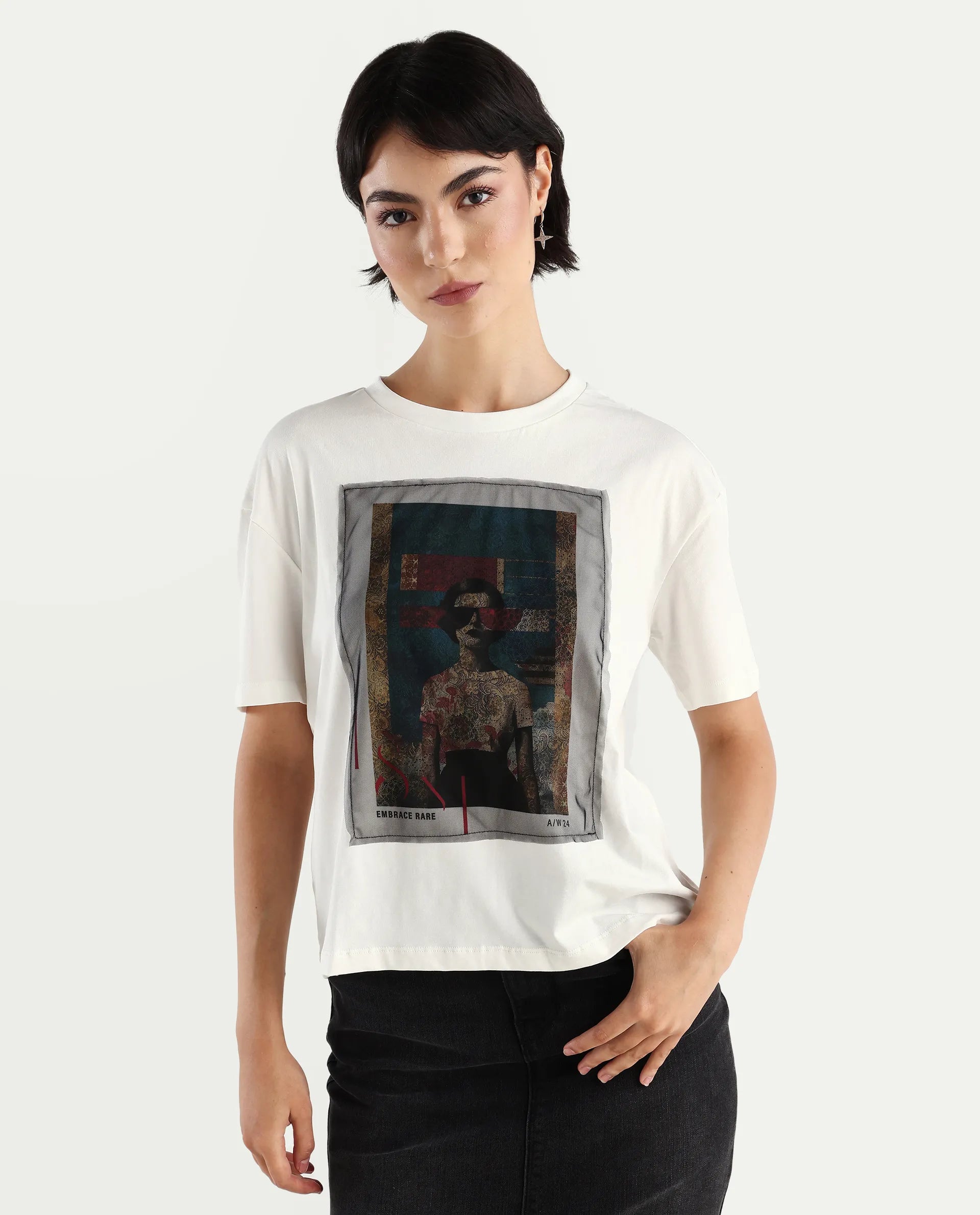 Rareism Women's Twixt Off White Cotton Blend Crew Neck Graphic Print Relaxed Fit T-Shirt