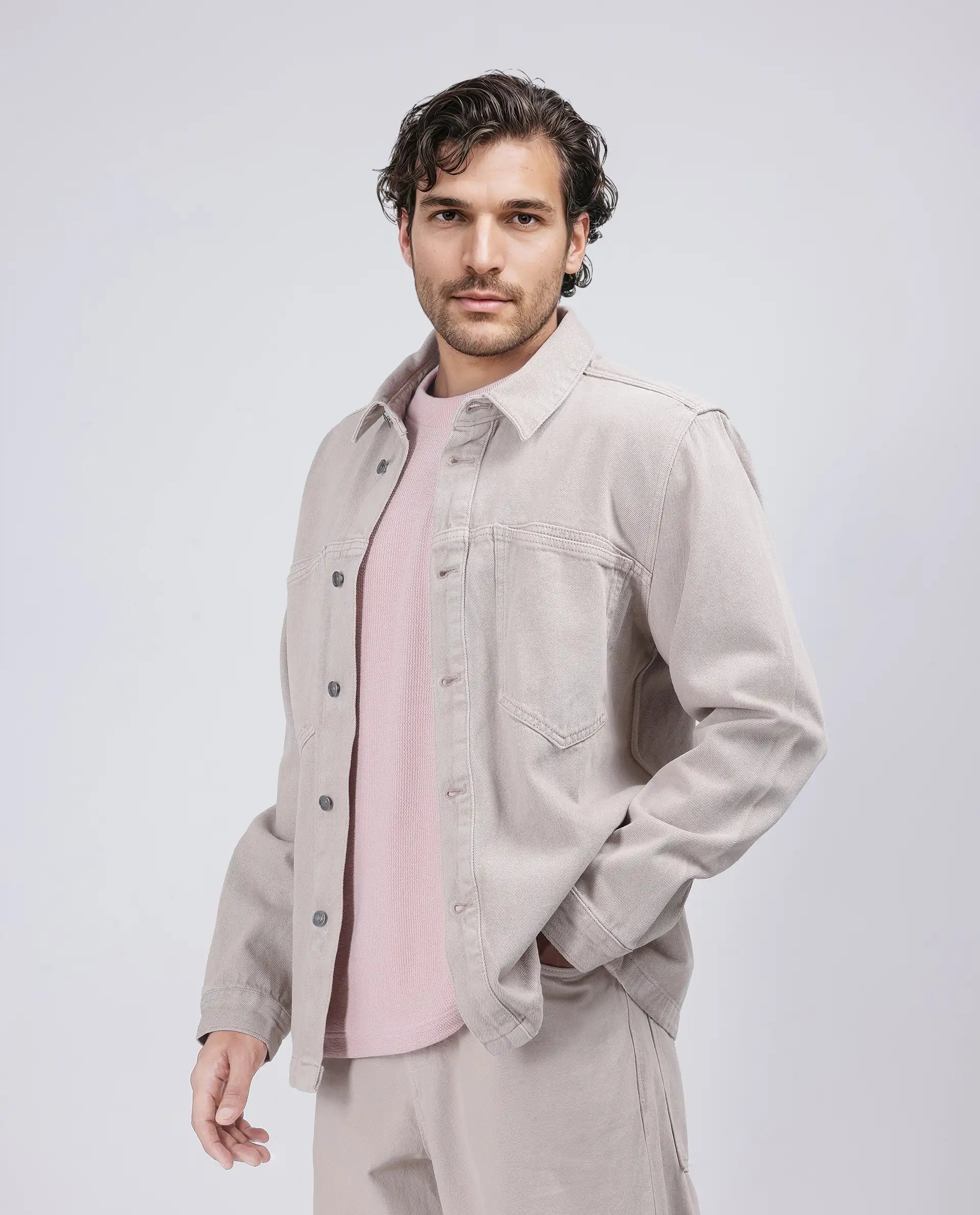 Rare Rabbit Men Tycho Beige Cotton Fabric Collared Neck Oversized Denim Jacket