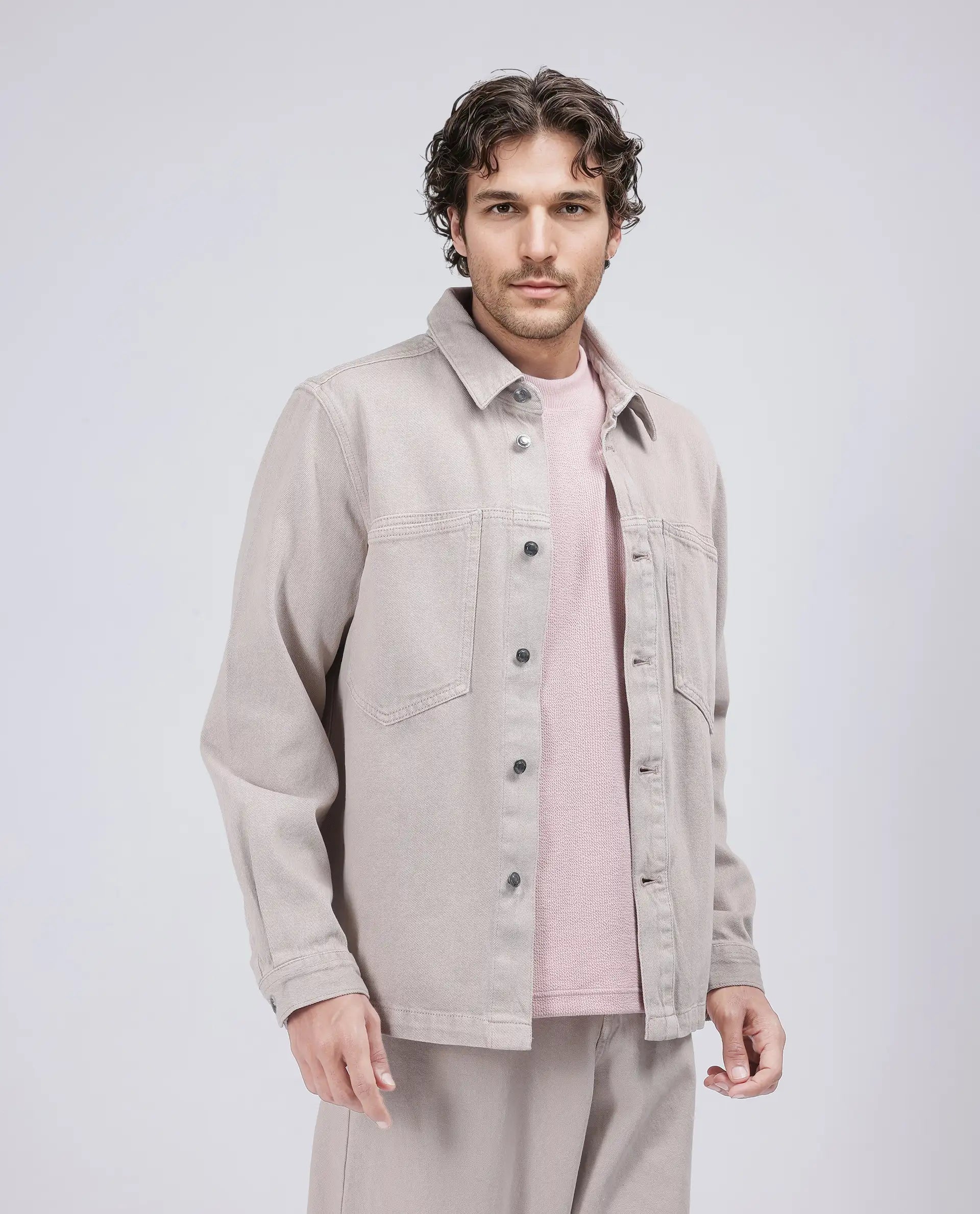 Rare Rabbit Men Tycho Beige Cotton Fabric Collared Neck Oversized Denim Jacket