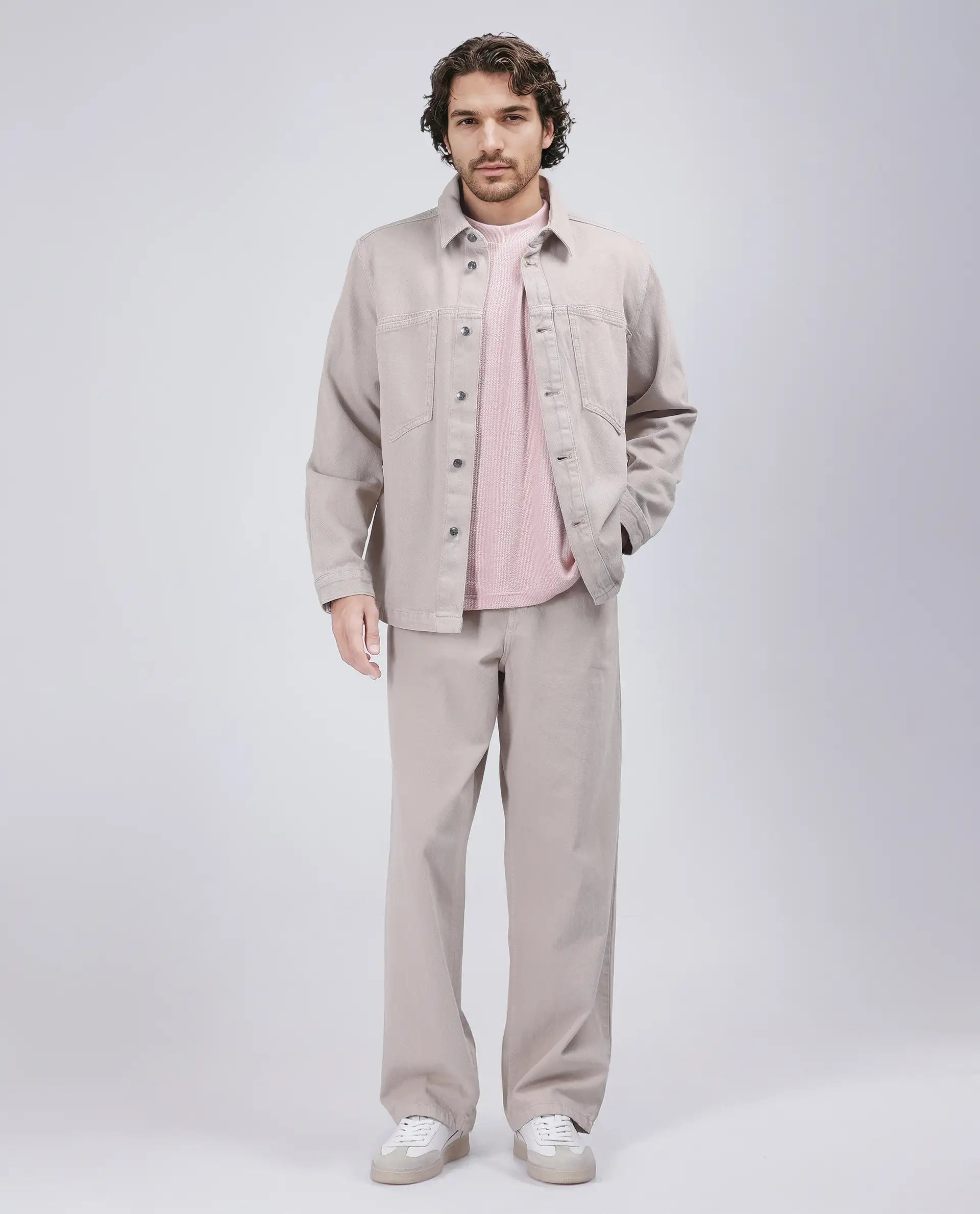 Rare Rabbit Men Tycho Beige Cotton Fabric Collared Neck Oversized Denim Jacket