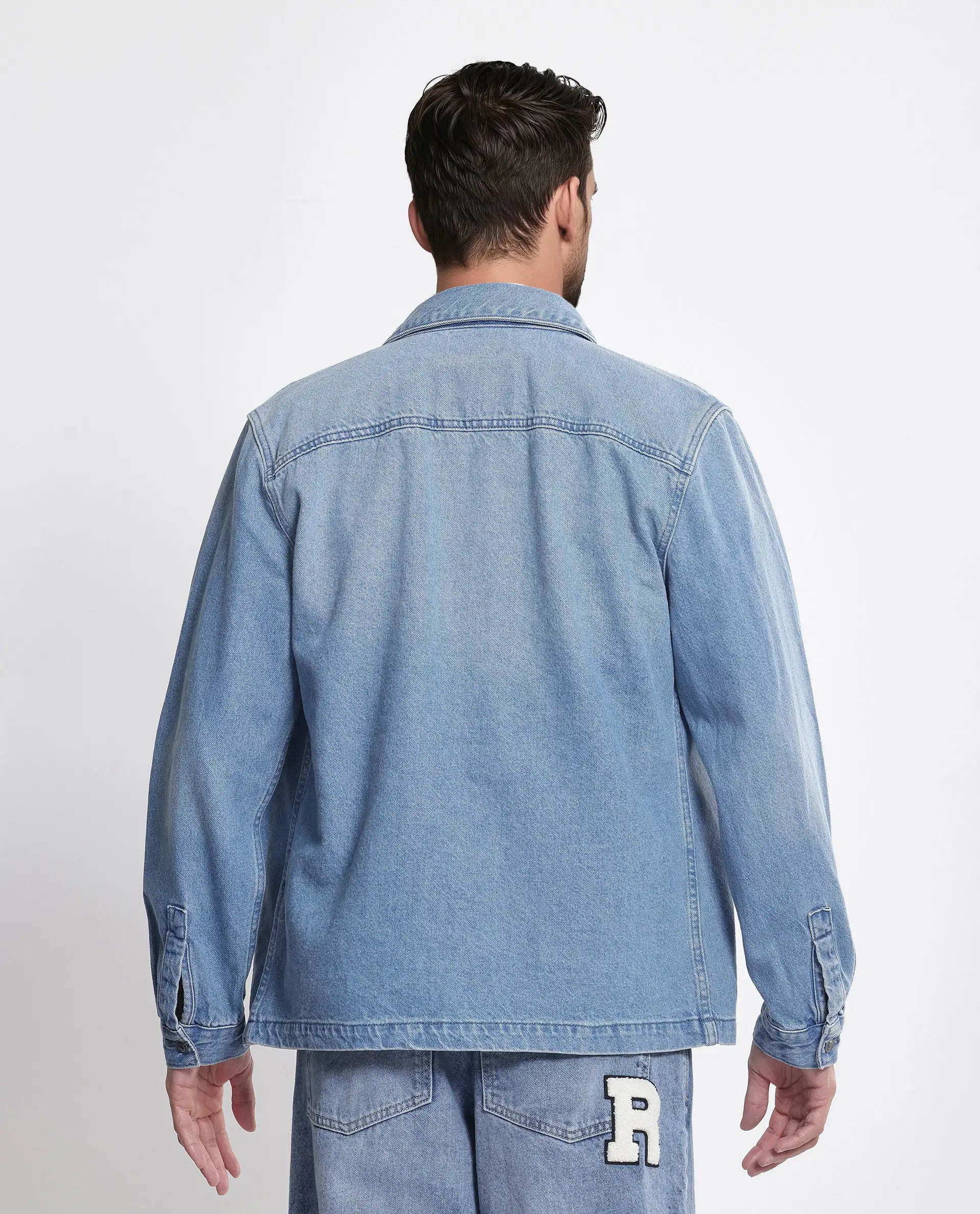 Rare Rabbit Men Tycho Blue Cotton Fabric Collared Neck Oversized Denim Jacket