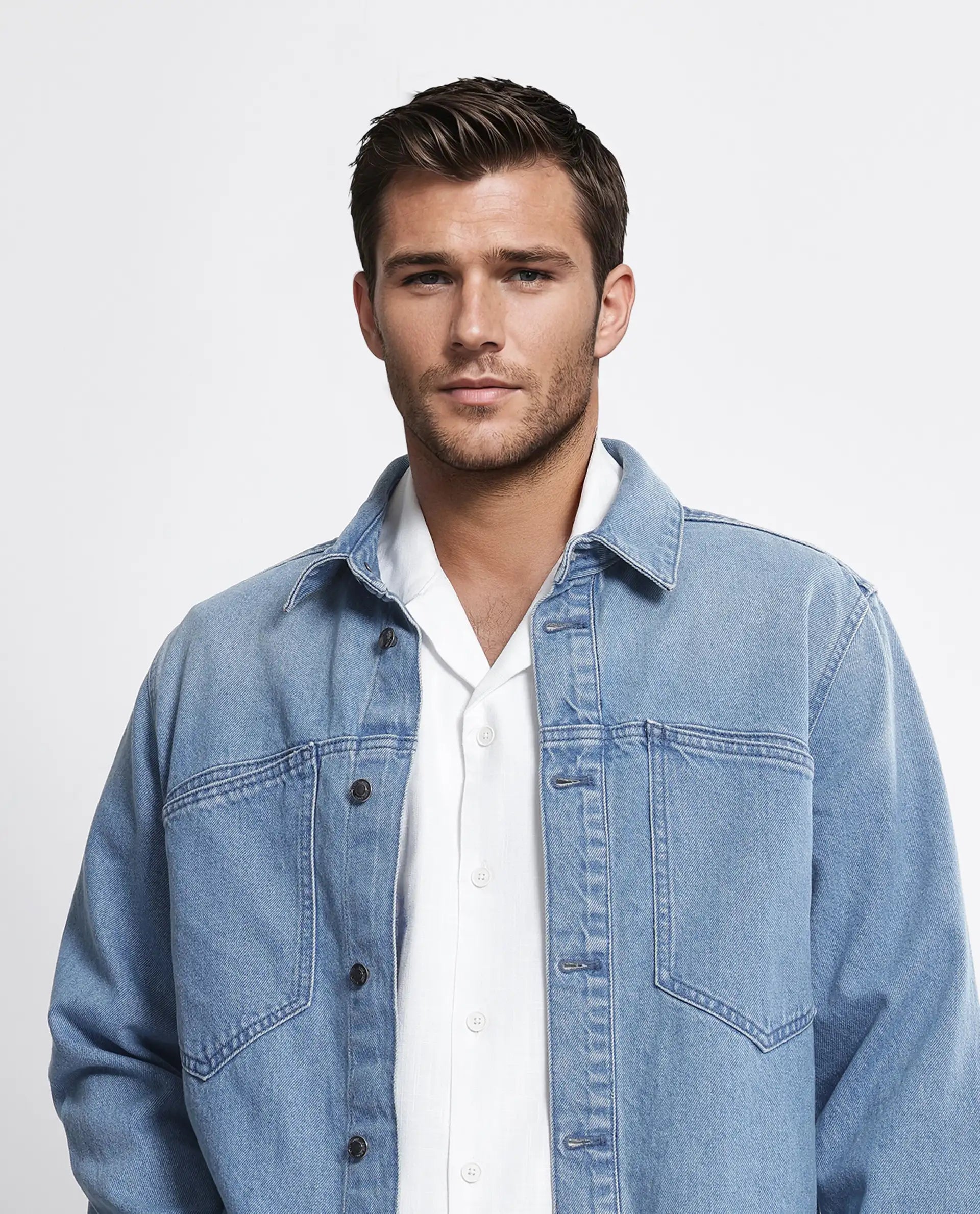 Rare Rabbit Men Tycho Blue Cotton Fabric Collared Neck Oversized Denim Jacket