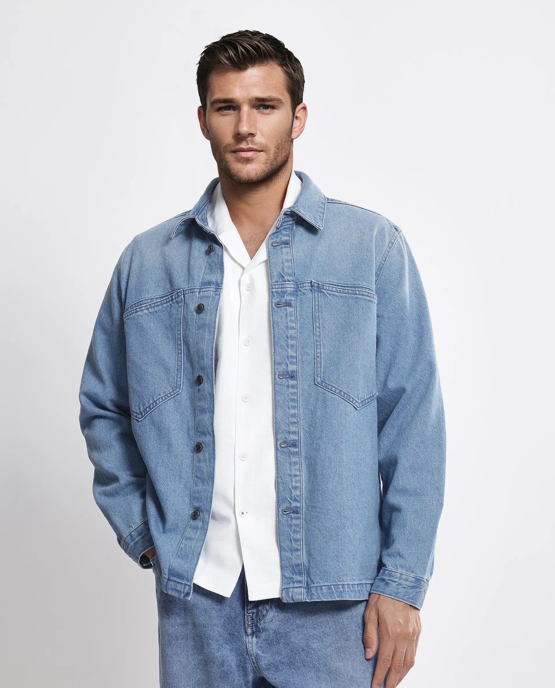 Rare Rabbit Men Tycho Blue Cotton Fabric Collared Neck Oversized Denim Jacket