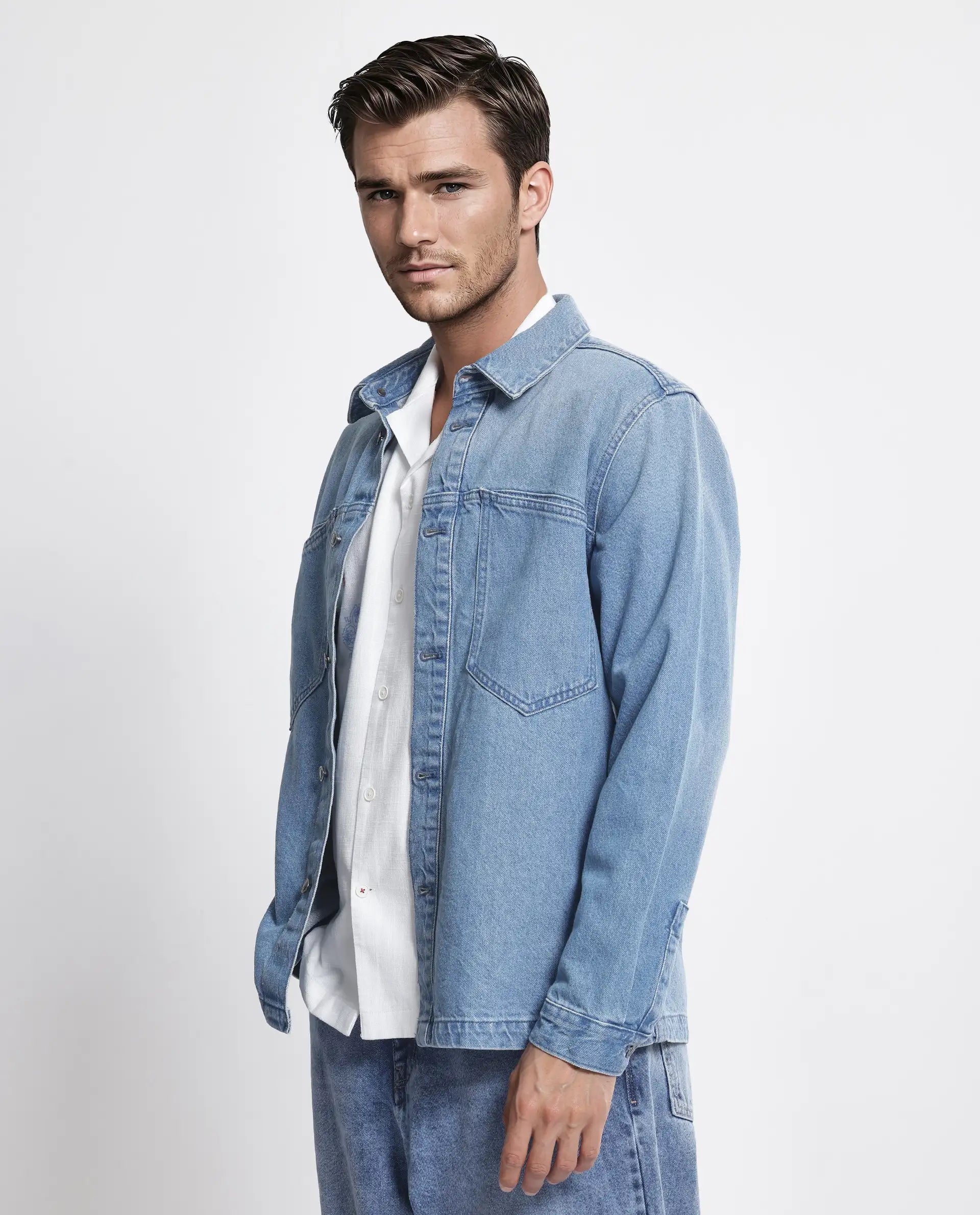 Rare Rabbit Men Tycho Blue Cotton Fabric Collared Neck Oversized Denim Jacket