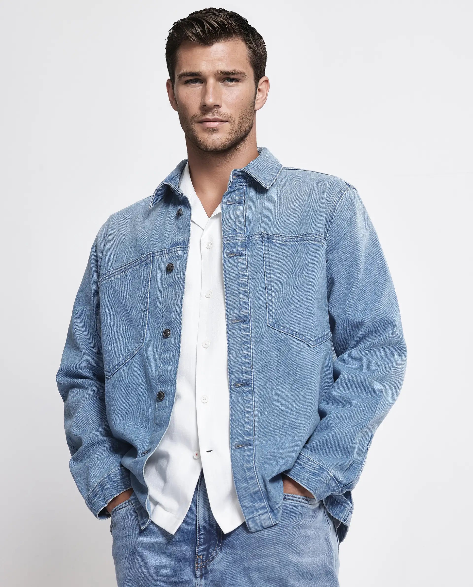 Rare Rabbit Men Tycho Blue Cotton Fabric Collared Neck Oversized Denim Jacket