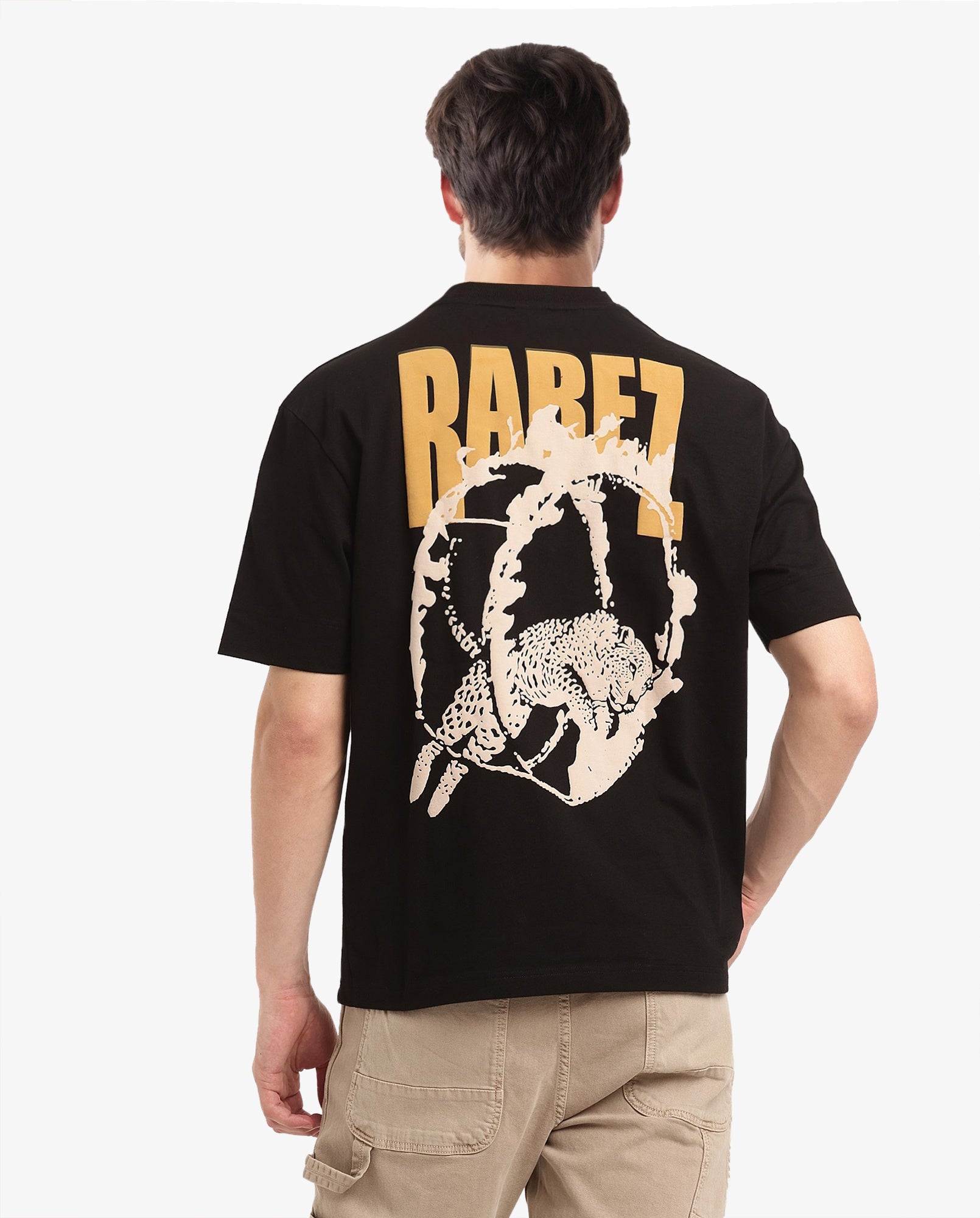 Rare Rabbit Men Tyga Black Cotton Fabric Short Sleeve Crew Neck Oversized Fit Graphic Back Print T-Shirt