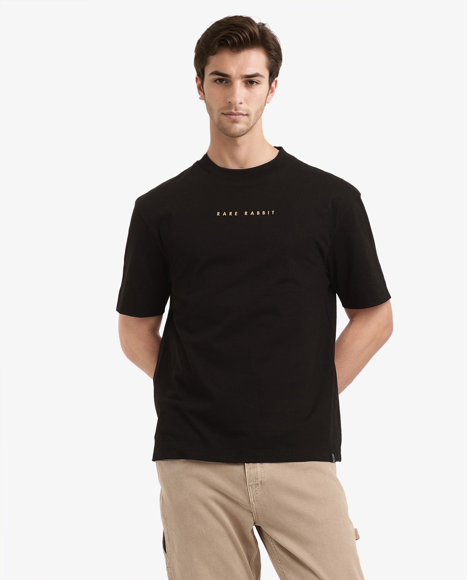 Rare Rabbit Men Tyga Black Cotton Fabric Short Sleeve Crew Neck Oversized Fit Graphic Back Print T-Shirt