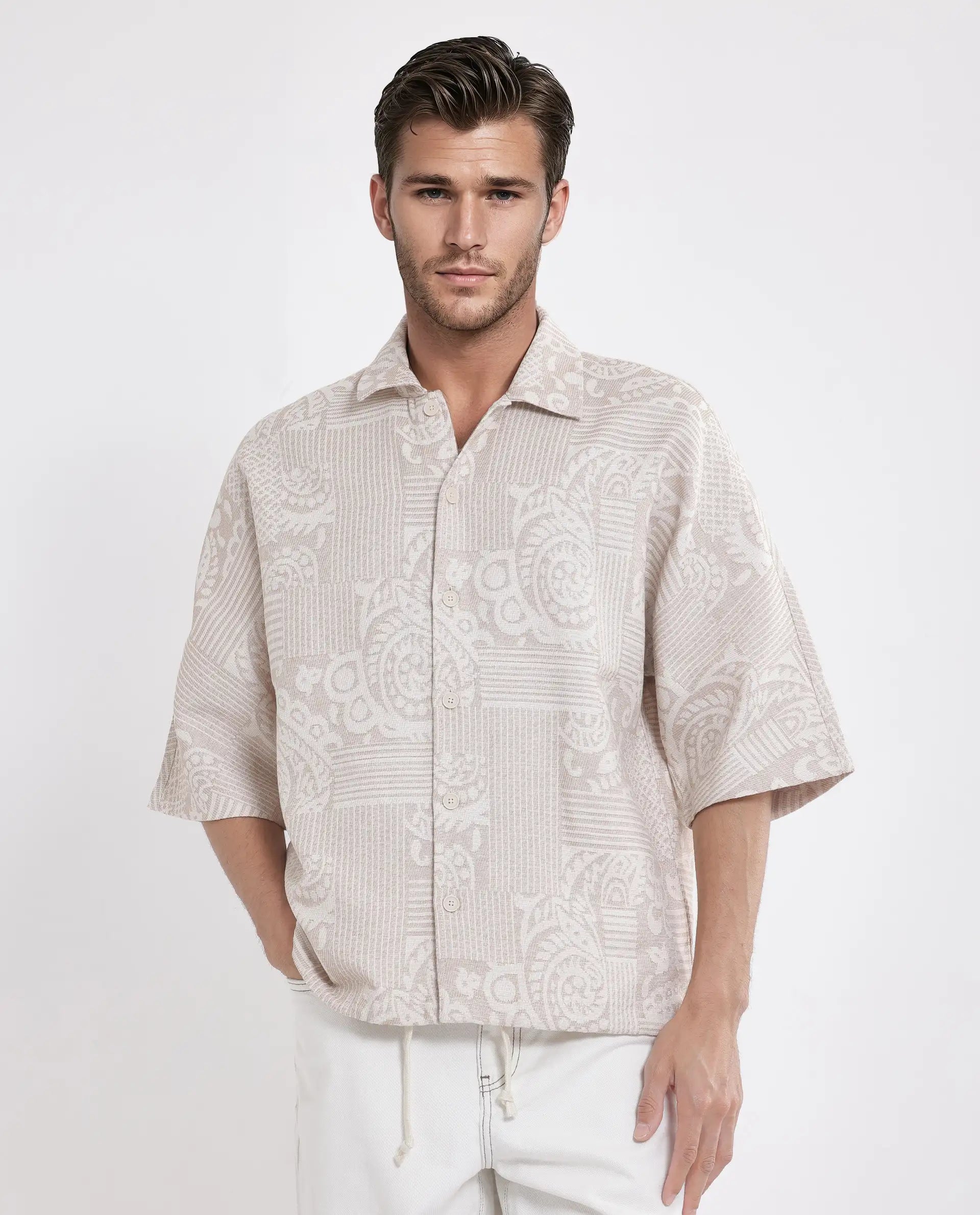 Rare Rabbit Men Tyra Beige Cotton Poly Fabric Half Sleeve Collared Neck Button Closure Jacquard Shacket