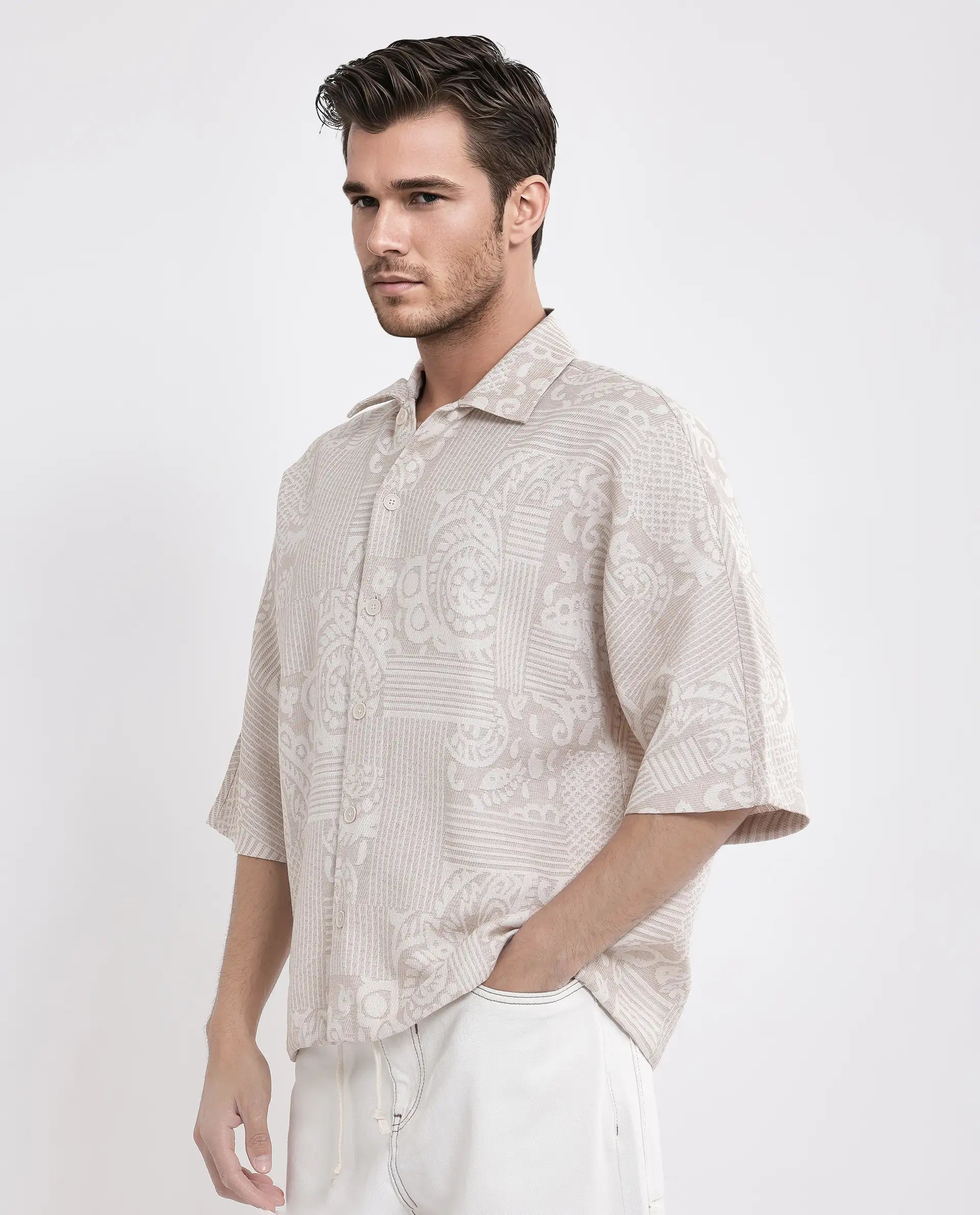 Rare Rabbit Men Tyra Beige Cotton Poly Fabric Half Sleeve Collared Neck Button Closure Jacquard Shacket