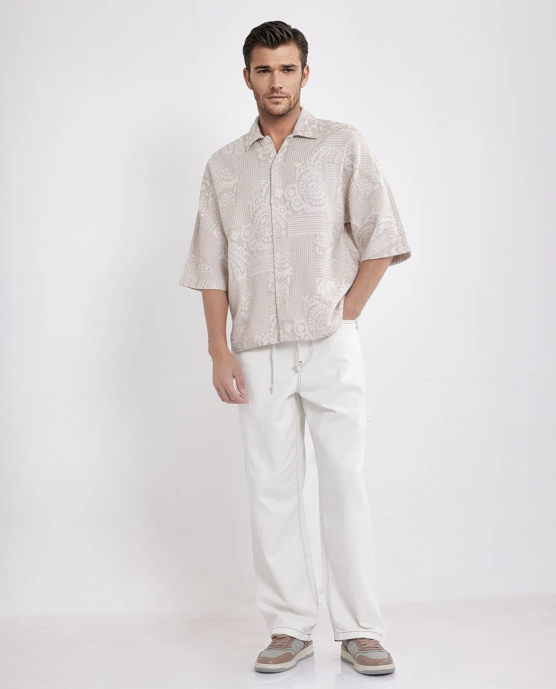 Rare Rabbit Men Tyra Beige Cotton Poly Fabric Half Sleeve Collared Neck Button Closure Jacquard Shacket